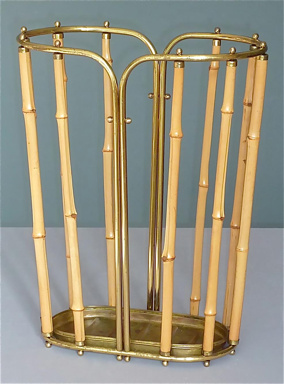 Mid-Century Modern 1950s Austrian Modernist Umbrella Stand Brass Bamboo, Josef Frank, Auböck Style For Sale