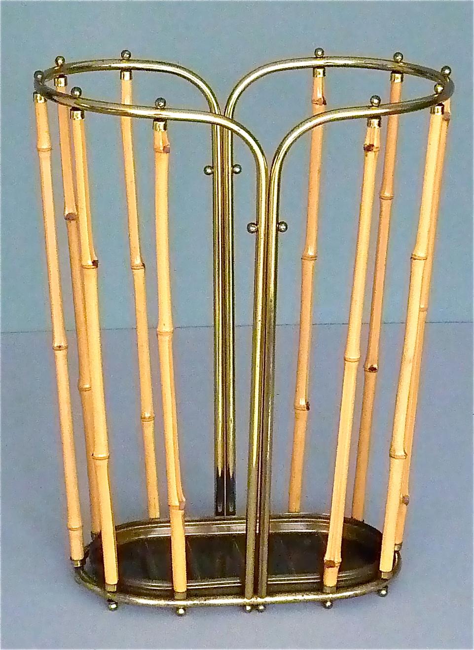 1950s Austrian Modernist Umbrella Stand Brass Bamboo, Josef Frank, Auböck Style 1
