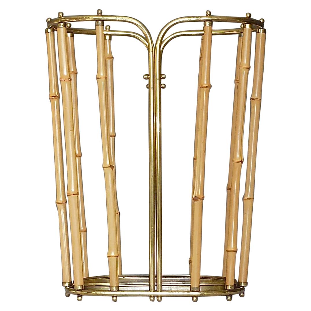 1950s Austrian Modernist Umbrella Stand Brass Bamboo, Josef Frank, Auböck Style For Sale
