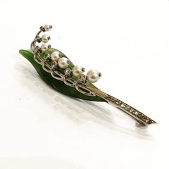 1950s Austrian Nephrite jade 14K Gold Diamonds Pearls Lily of the Valley Brooch