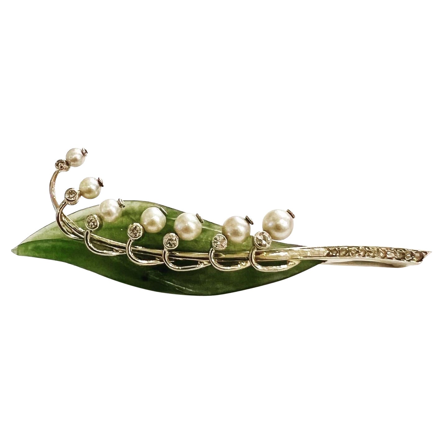 1950s Austrian Nephrite jade 14K Gold Diamonds Pearls Lily of the Valley Brooch