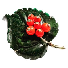 1950s Austrian Nephrite jade 14K Gold Stylized Leaf Coral Fruit Brooch