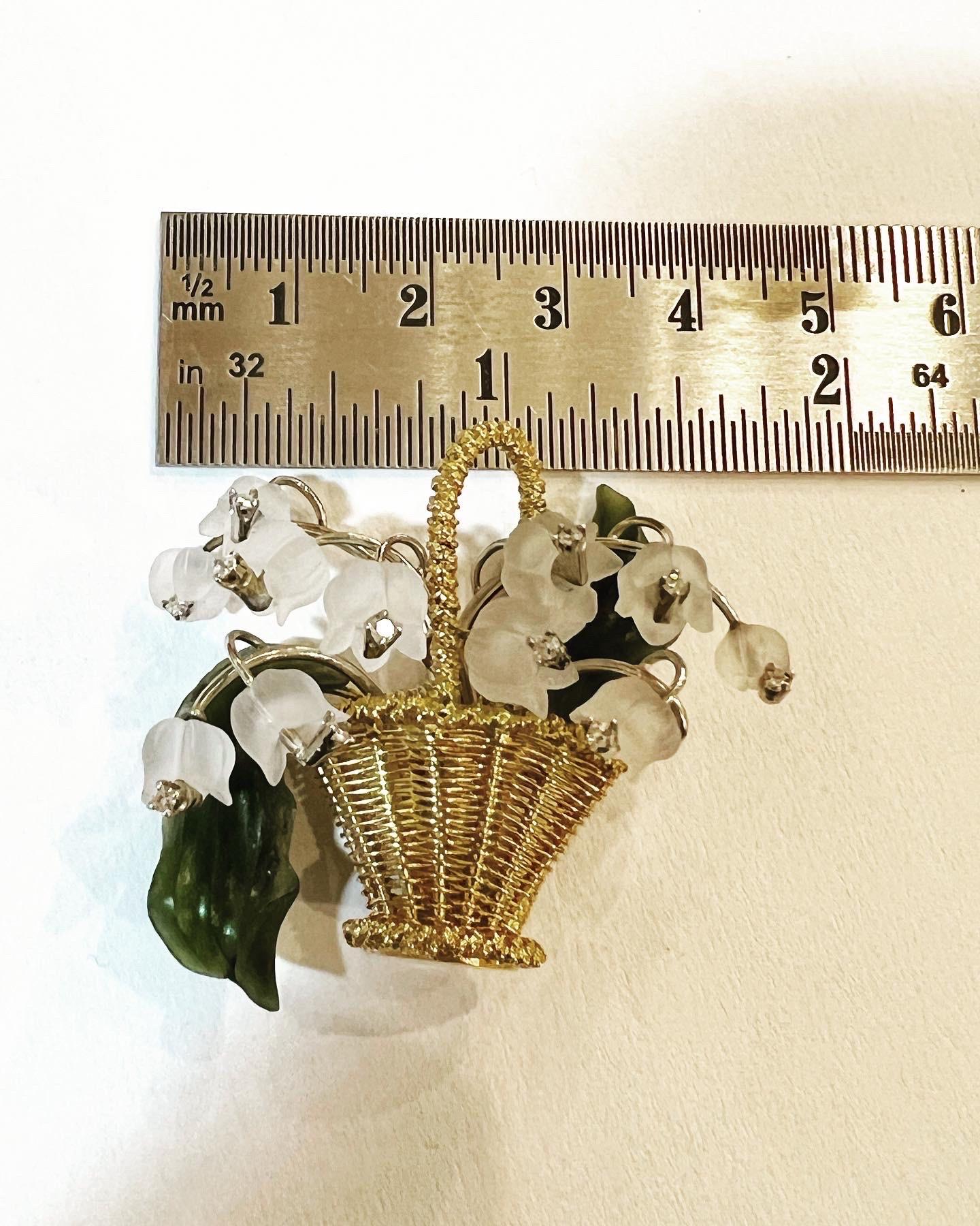 1950s Austrian Nephrite jade 18K Diamonds Rock Crystal Lily of the Valley Brooch For Sale 4
