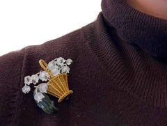 1950s Austrian Nephrite jade 18K Diamonds Rock Crystal Lily of the Valley Brooch
