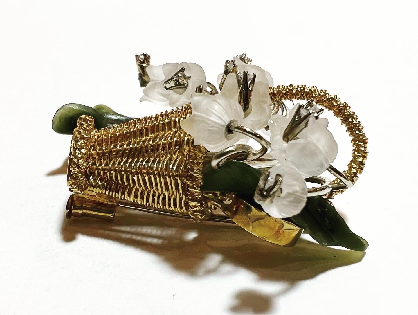 Old European Cut 1950s Austrian Nephrite jade 18K Diamonds Rock Crystal Lily of the Valley Brooch For Sale
