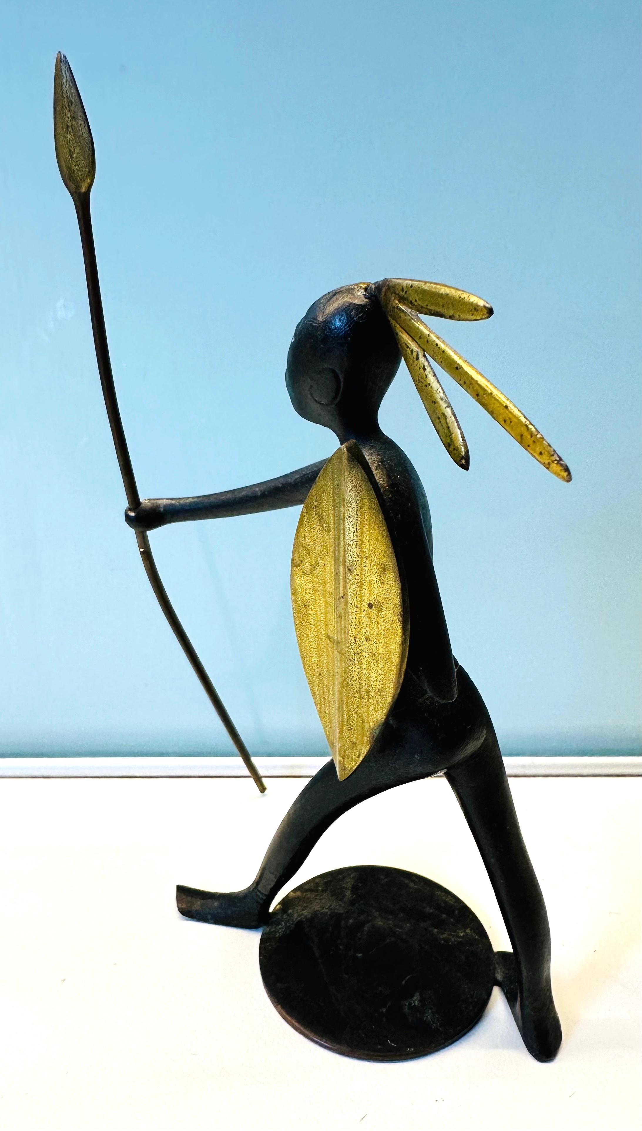 Mid-Century Modern 1950s Austrian Signed Franz Hagenauer Bronze & Brass African Figurine with Spear