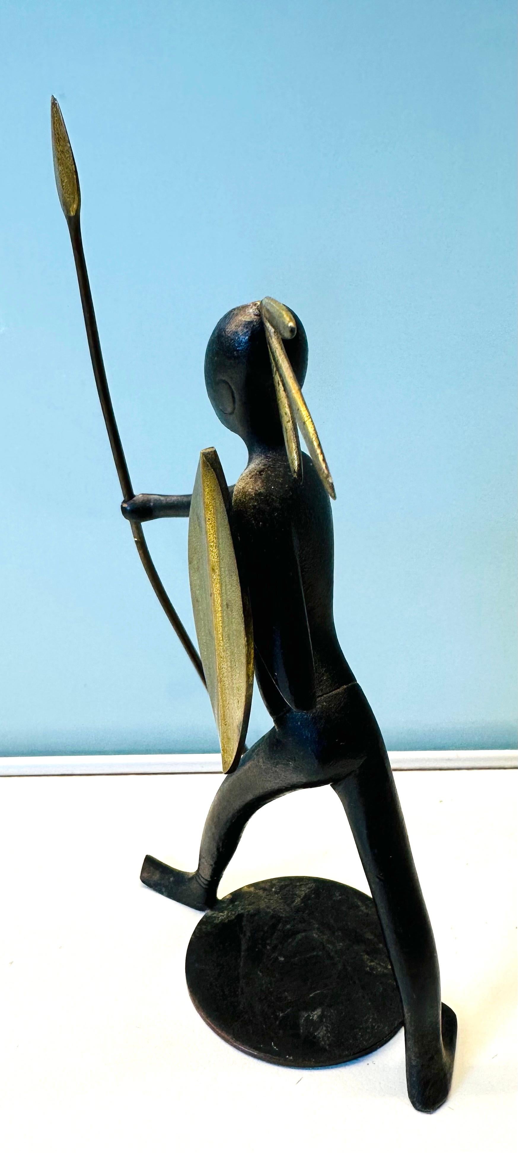 1950s Austrian Signed Franz Hagenauer Bronze & Brass African Figurine with Spear In Good Condition In London, GB