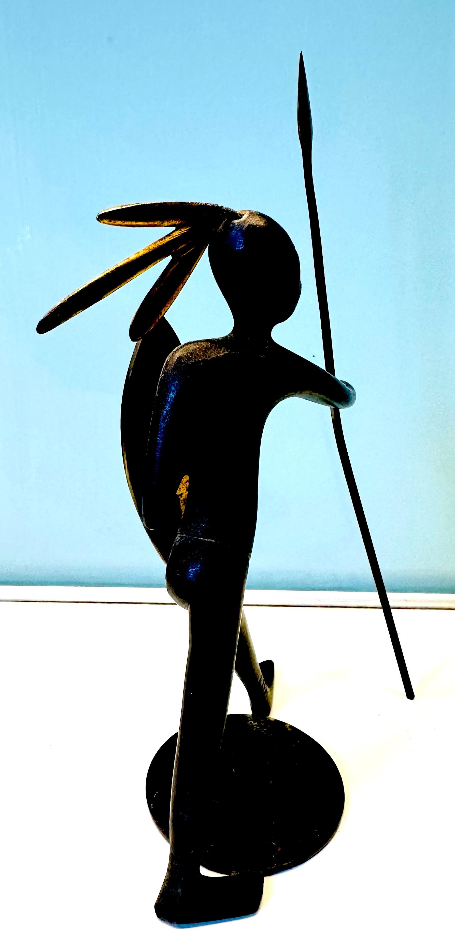 1950s Austrian Signed Franz Hagenauer Bronze & Brass African Figurine with Spear 1