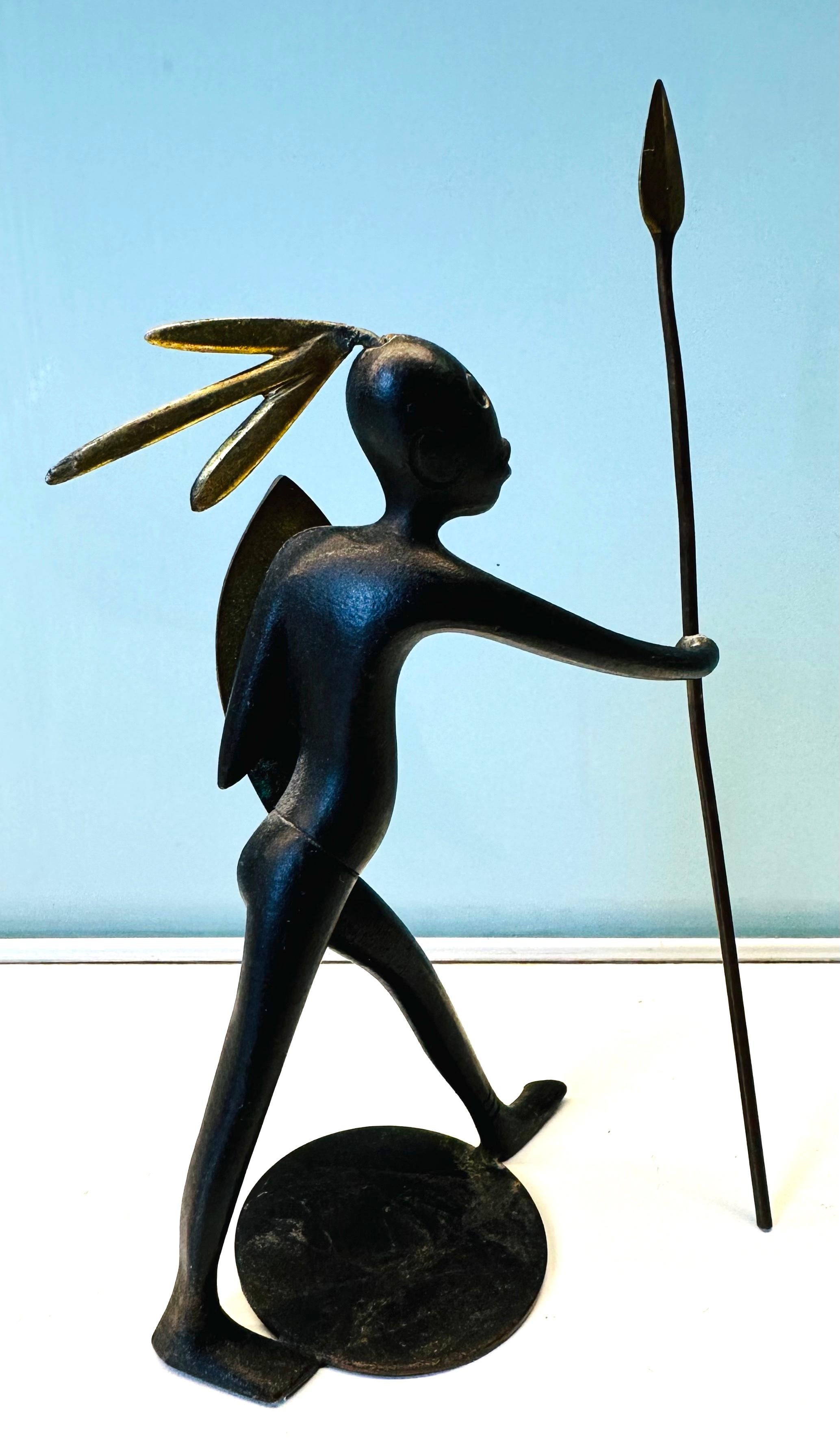 1950s Austrian Signed Franz Hagenauer Bronze & Brass African Figurine with Spear 2