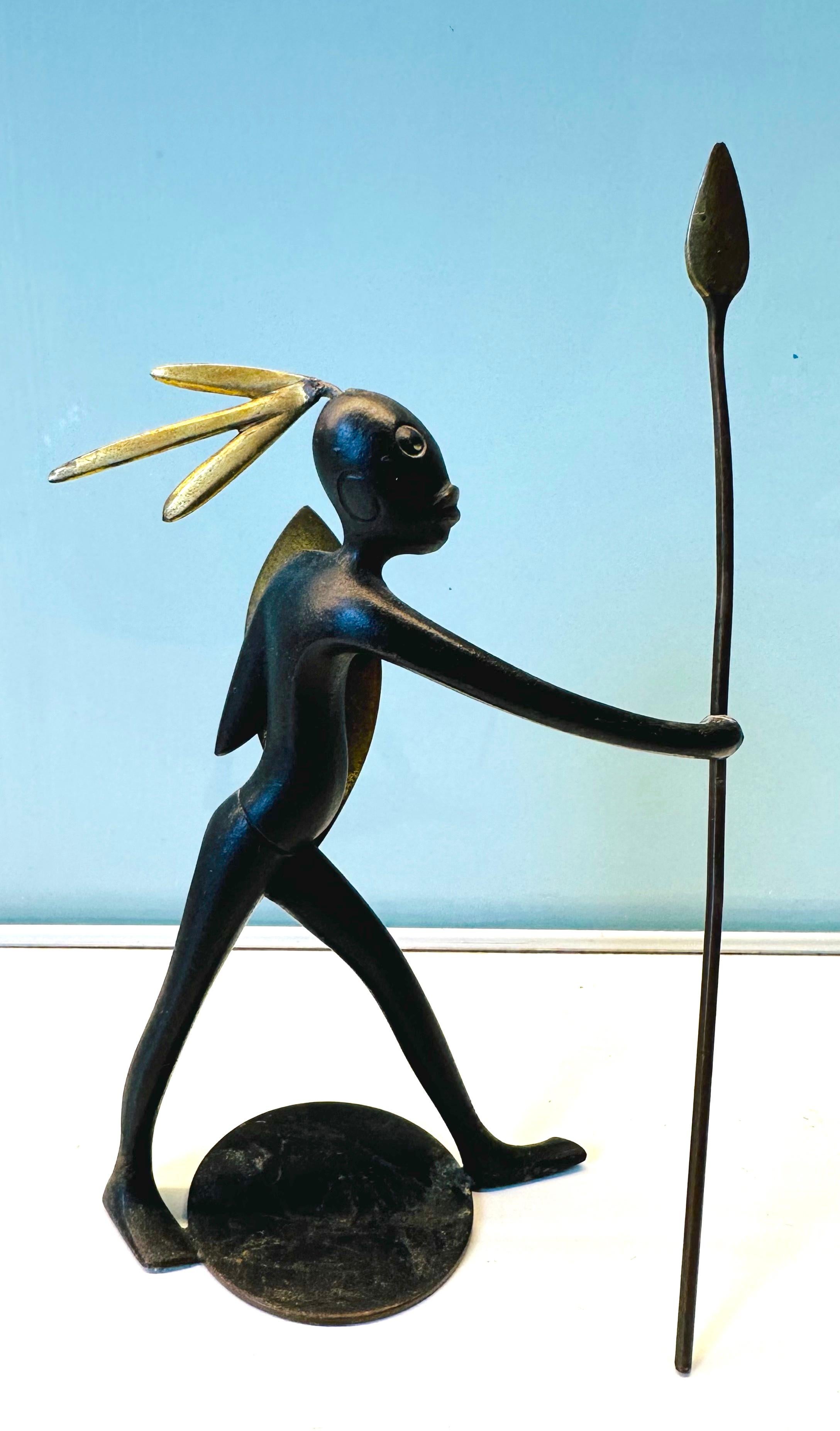 1950s Austrian Signed Franz Hagenauer Bronze & Brass African Figurine with Spear 3