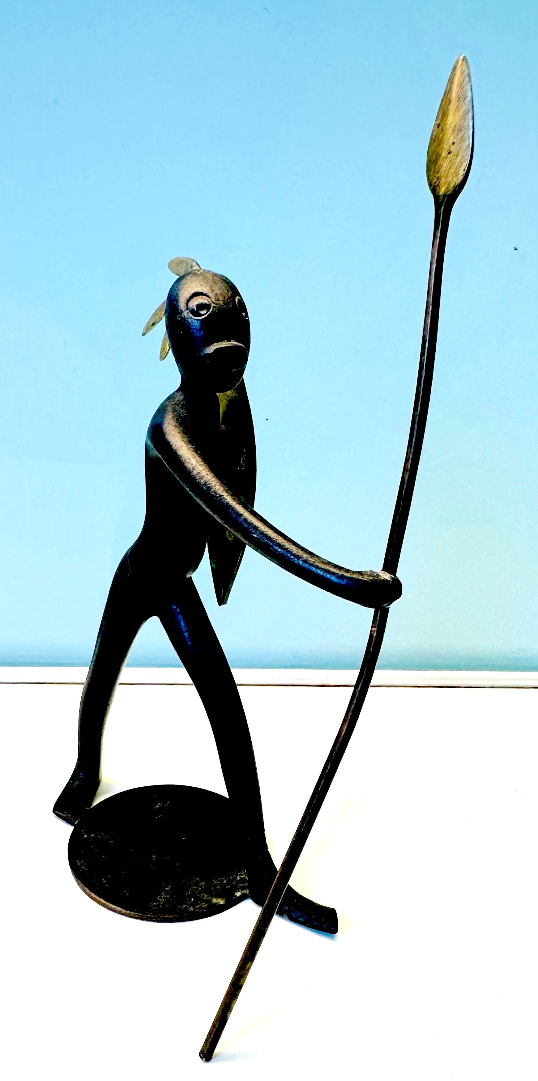1950s Austrian Signed Franz Hagenauer Bronze & Brass African Figurine with Spear 4
