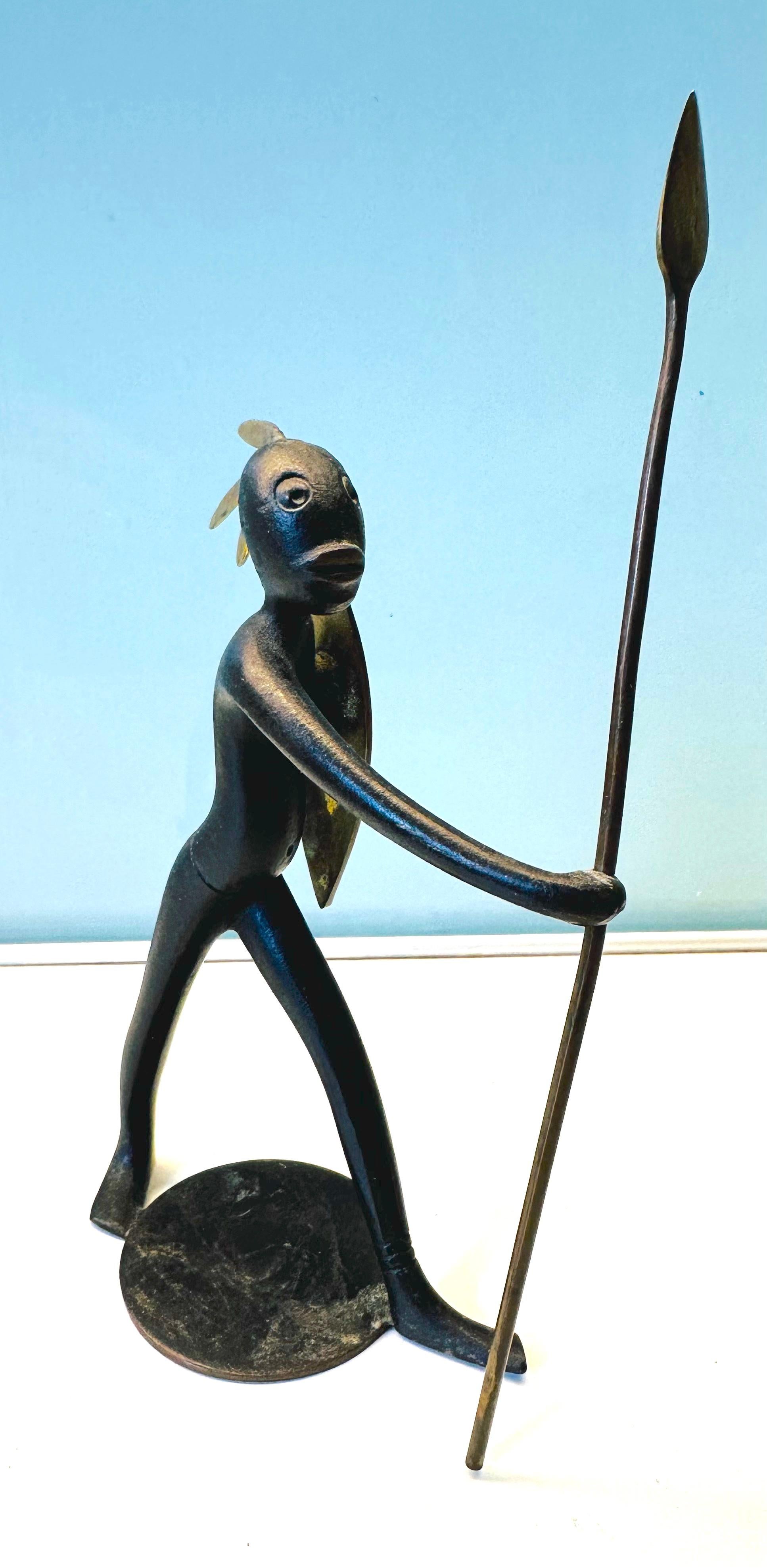 1950s Austrian Signed Franz Hagenauer Bronze & Brass African Figurine with Spear 10