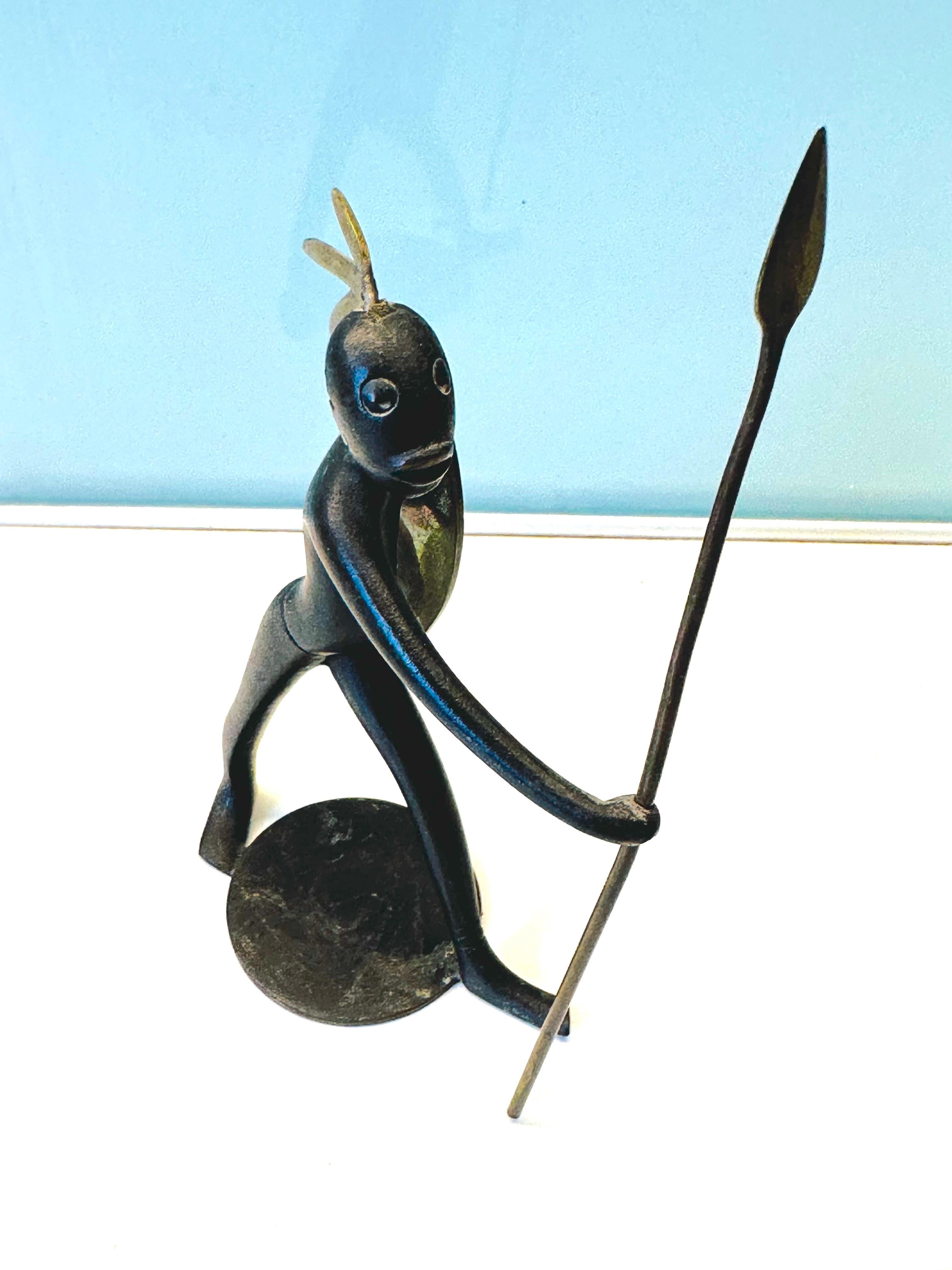 1950s Austrian Signed Franz Hagenauer Bronze & Brass African Figurine with Spear 12
