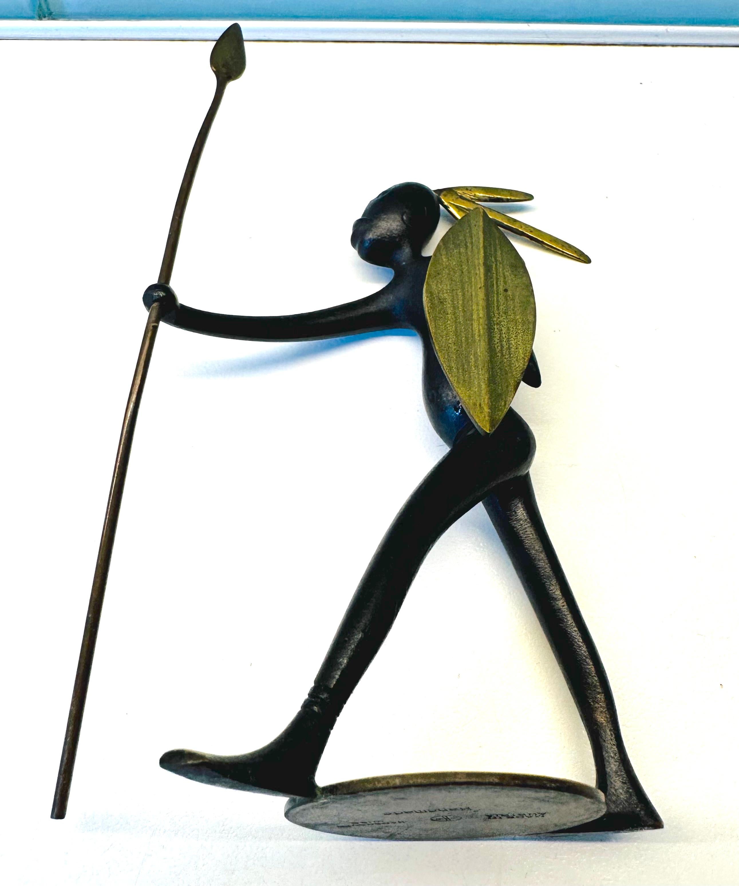 1950s Austrian Signed Franz Hagenauer Bronze & Brass African Figurine with Spear 15