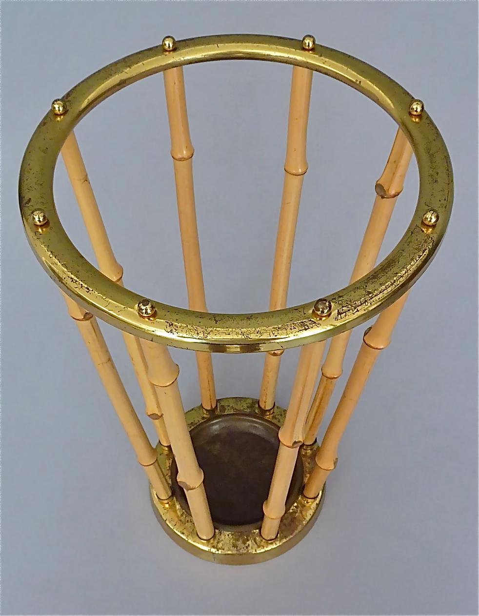 Midcentury Austrian Umbrella Stand Patinated Brass Bamboo 1950s For Sale 7