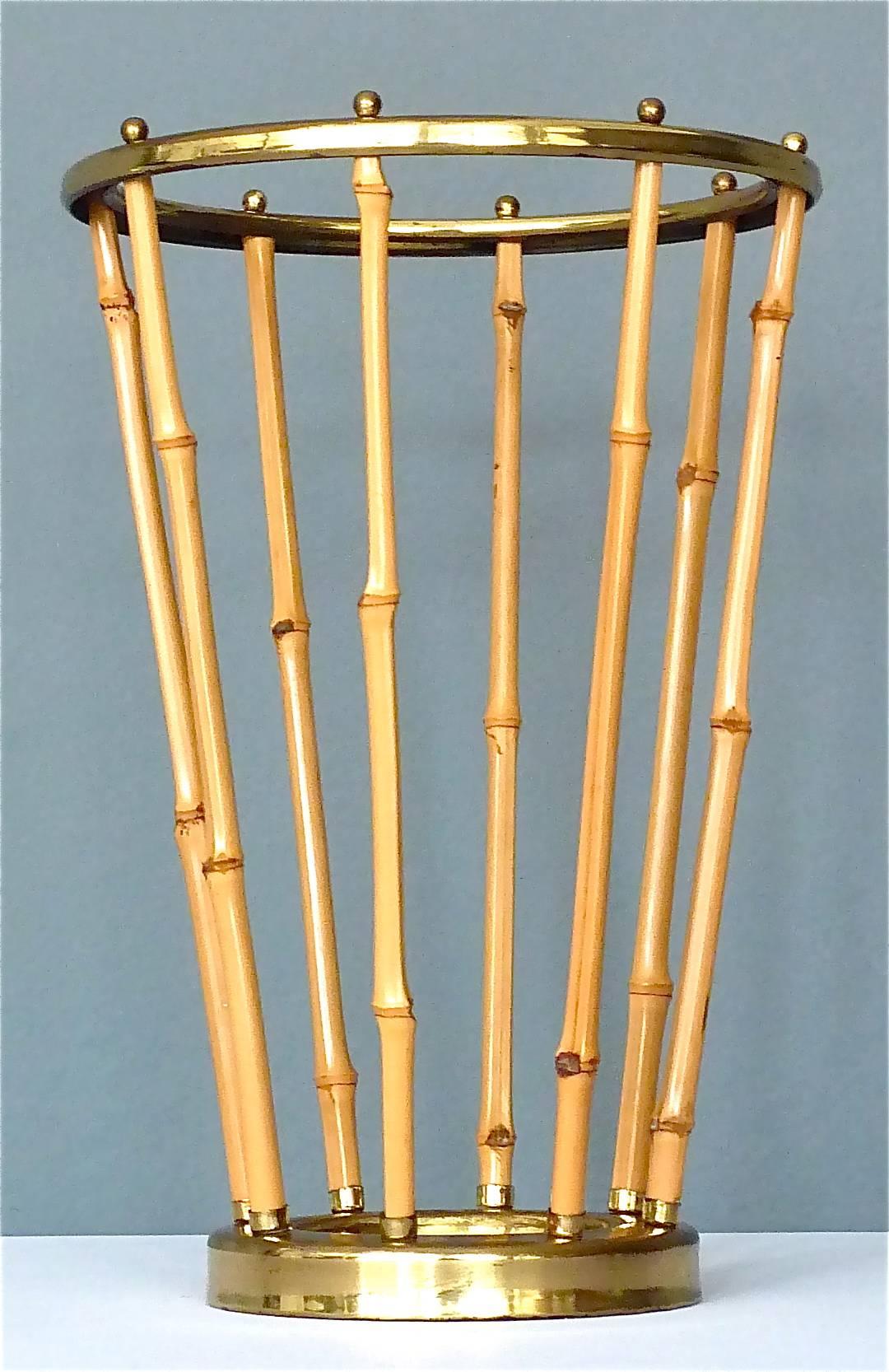 Mid-Century Modern Midcentury Austrian Umbrella Stand Patinated Brass Bamboo Josef Frank Style 1950 For Sale