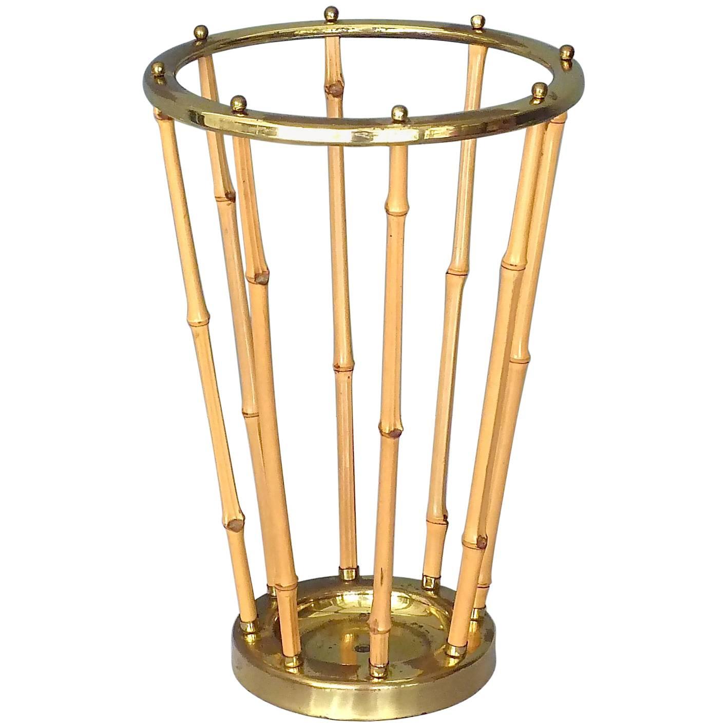 Midcentury Austrian Umbrella Stand Patinated Brass Bamboo Josef Frank Style 1950 im Angebot