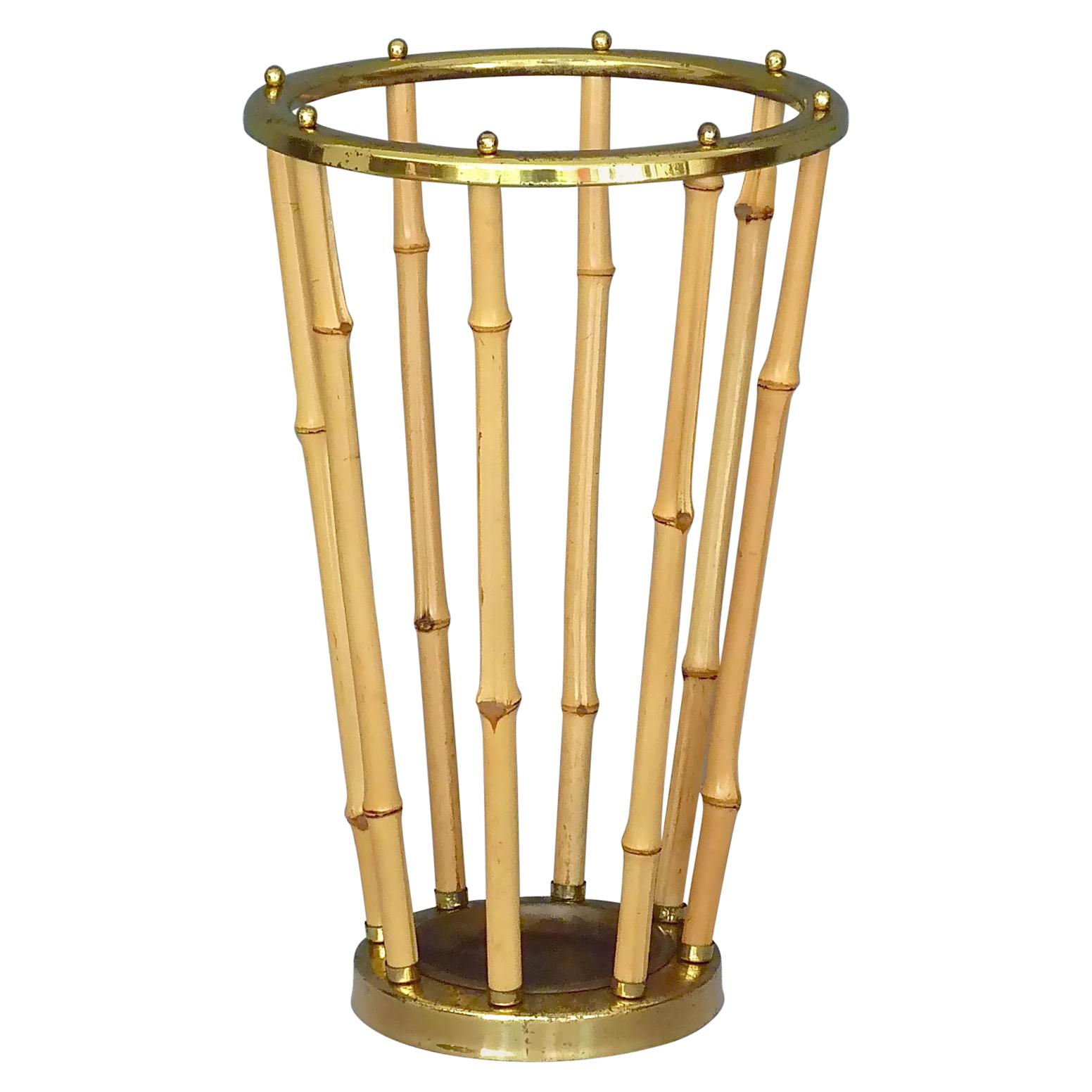 Midcentury Austrian Umbrella Stand Patinated Brass Bamboo 1950s