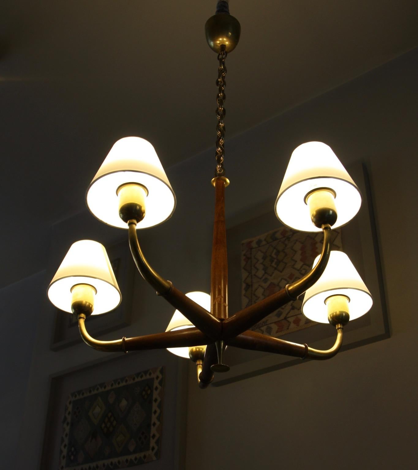 Porcelain Austrian Vintage Mahogany and Brass Chandelier, circa 1950s