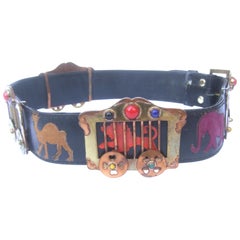 Vintage 1950s Avant Garde Circus Animal Themed Black Leather Womens Belt 