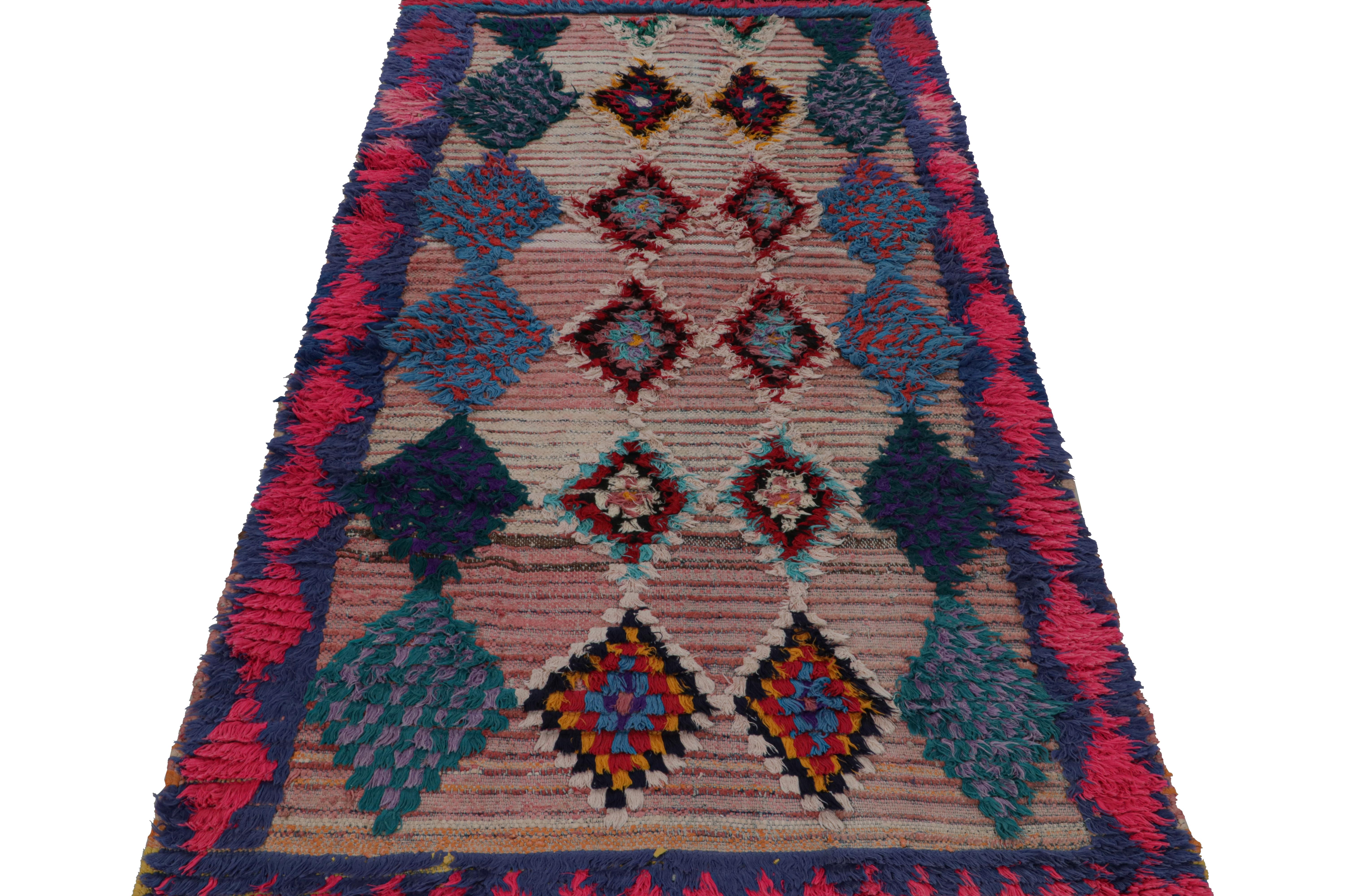 Tribal 1950s Azilal Moroccan rug with Pink and Blue Patterns by Rug & Kilim For Sale