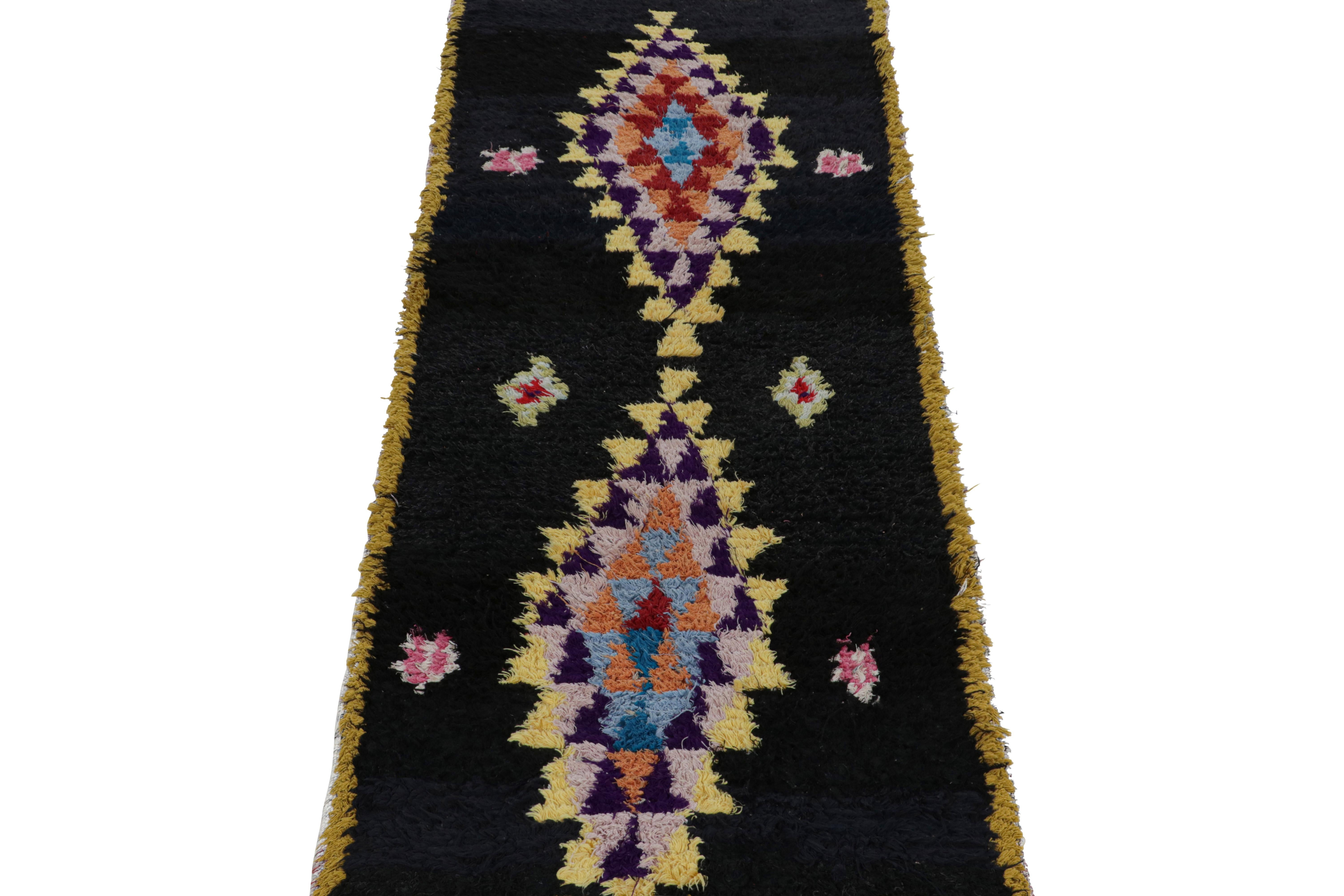 Tribal 1950s Azilal Moroccan runner rug in Black with Medallion Patterns by Rug & Kilim For Sale
