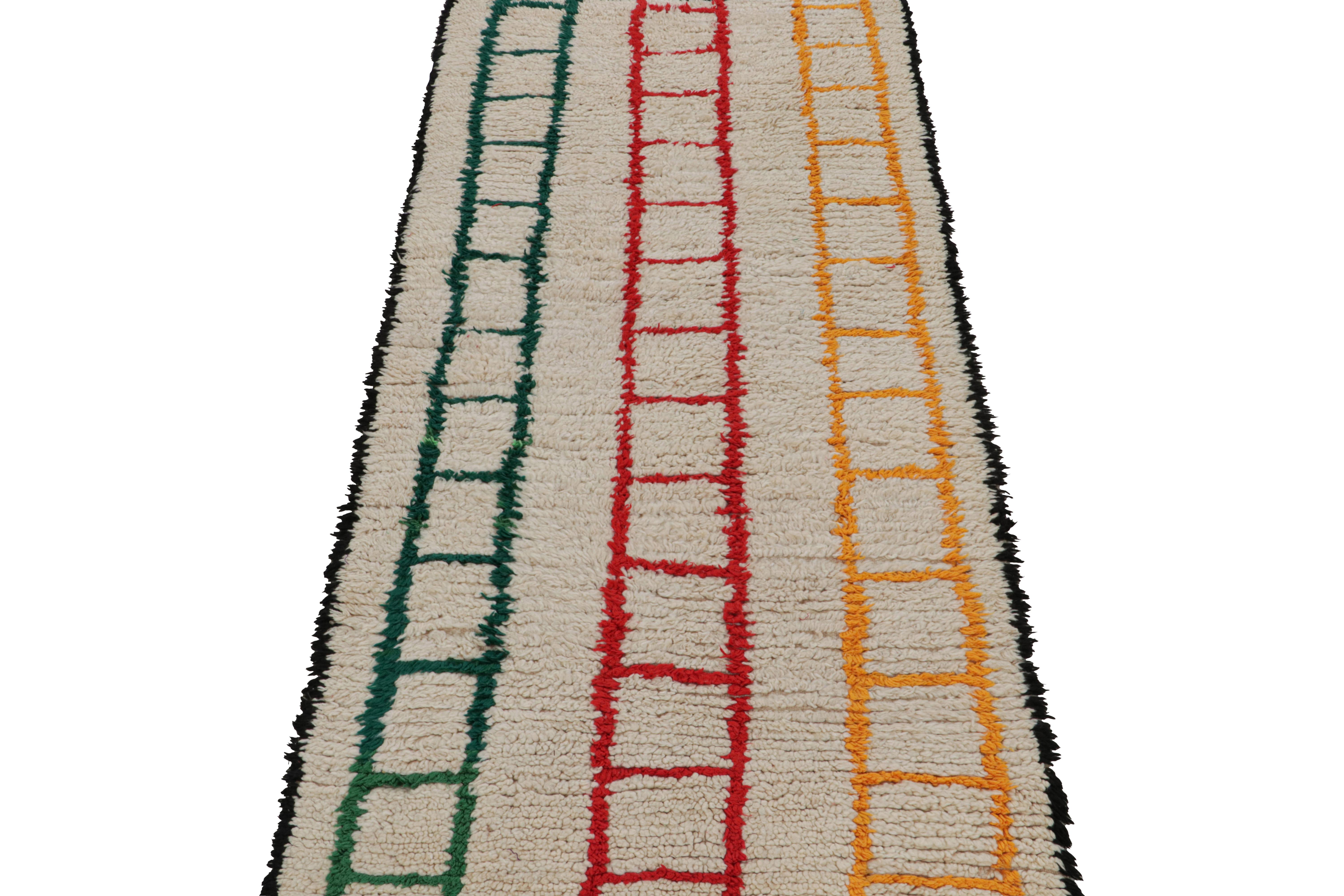 Tribal 1950s Azilal Moroccan runner rug in Cream Polychromatic Patterns by Rug & Kilim For Sale