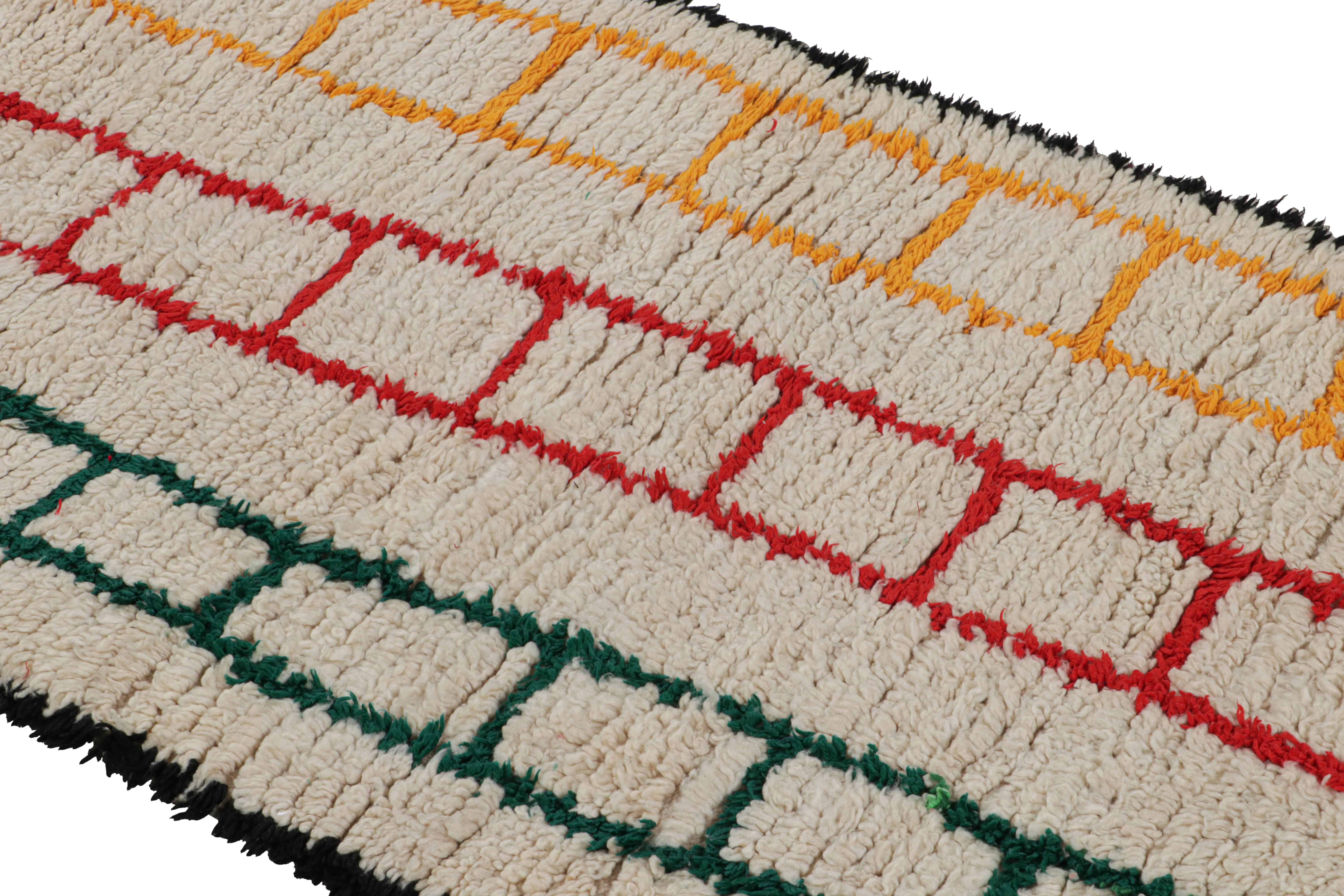 Hand-Knotted 1950s Azilal Moroccan runner rug in Cream Polychromatic Patterns by Rug & Kilim For Sale