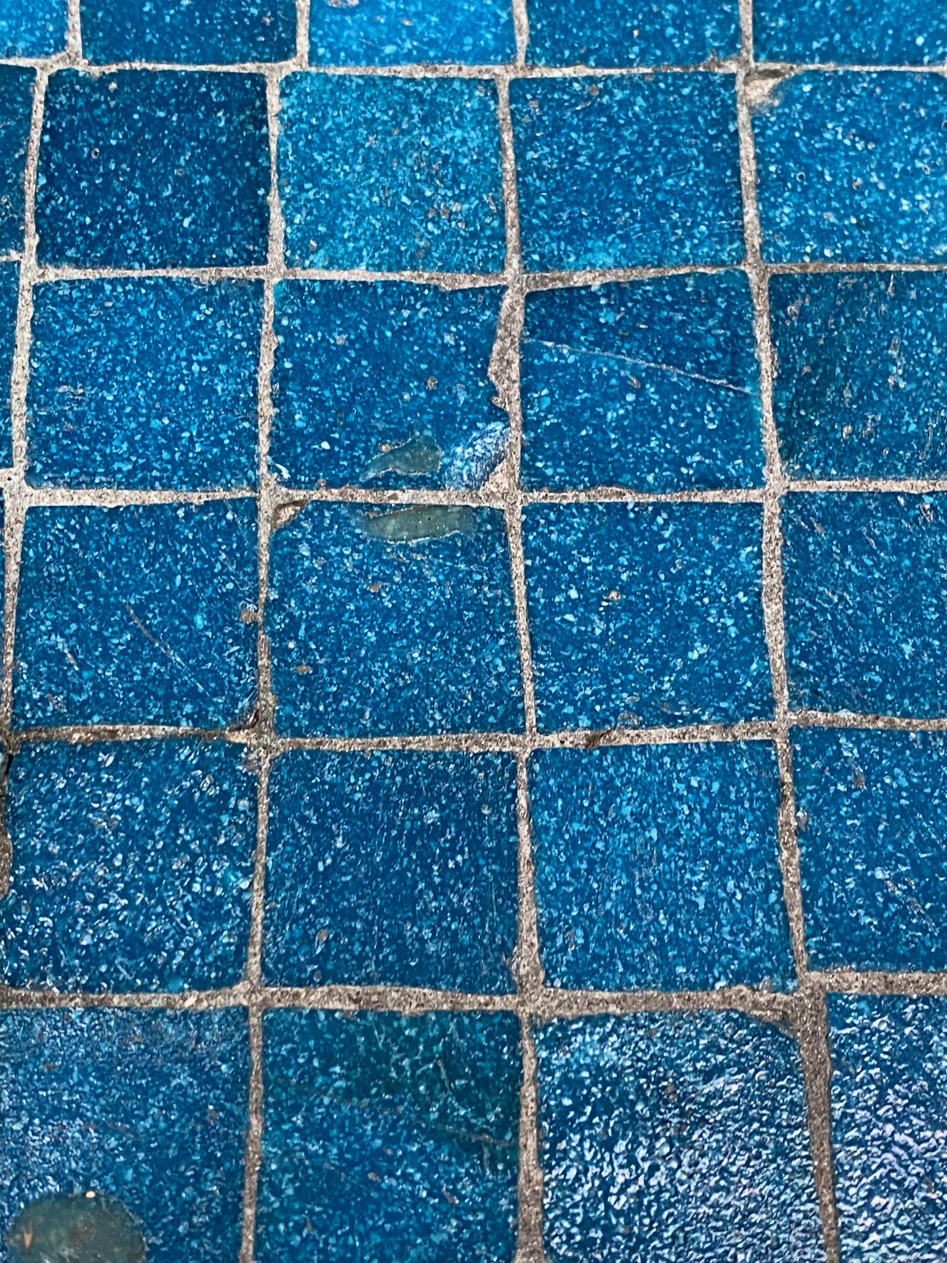 Mid-Century Modern 1950s Azure Blue Inlaid Glass Tile and Iron Table