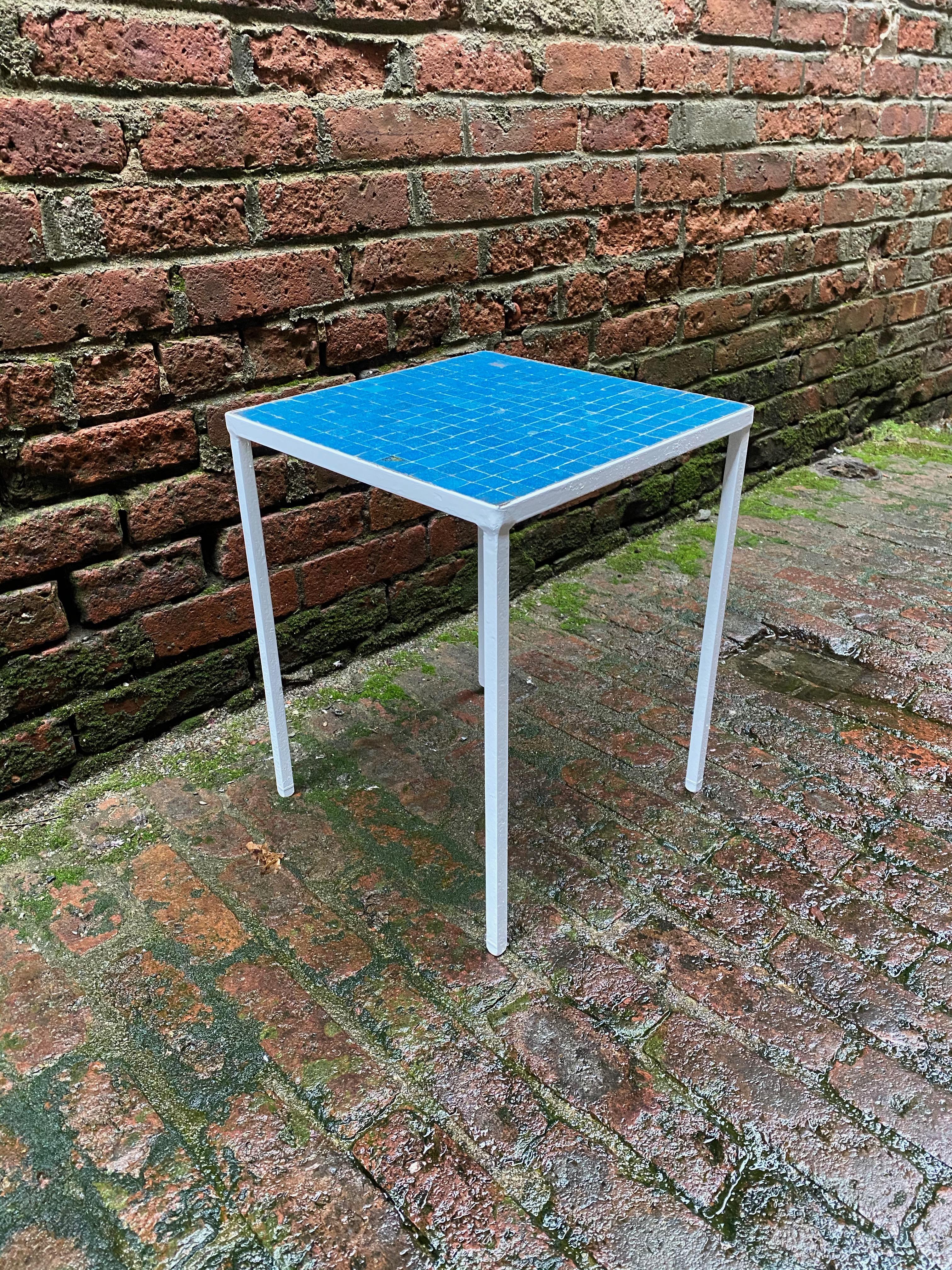 American 1950s Azure Blue Inlaid Glass Tile and Iron Table