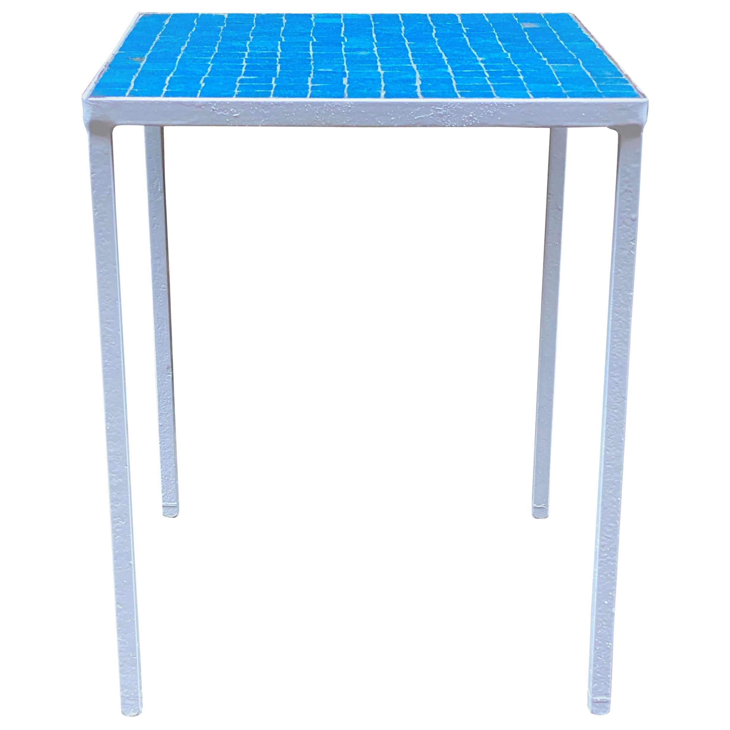 1950s Azure Blue Inlaid Glass Tile and Iron Table
