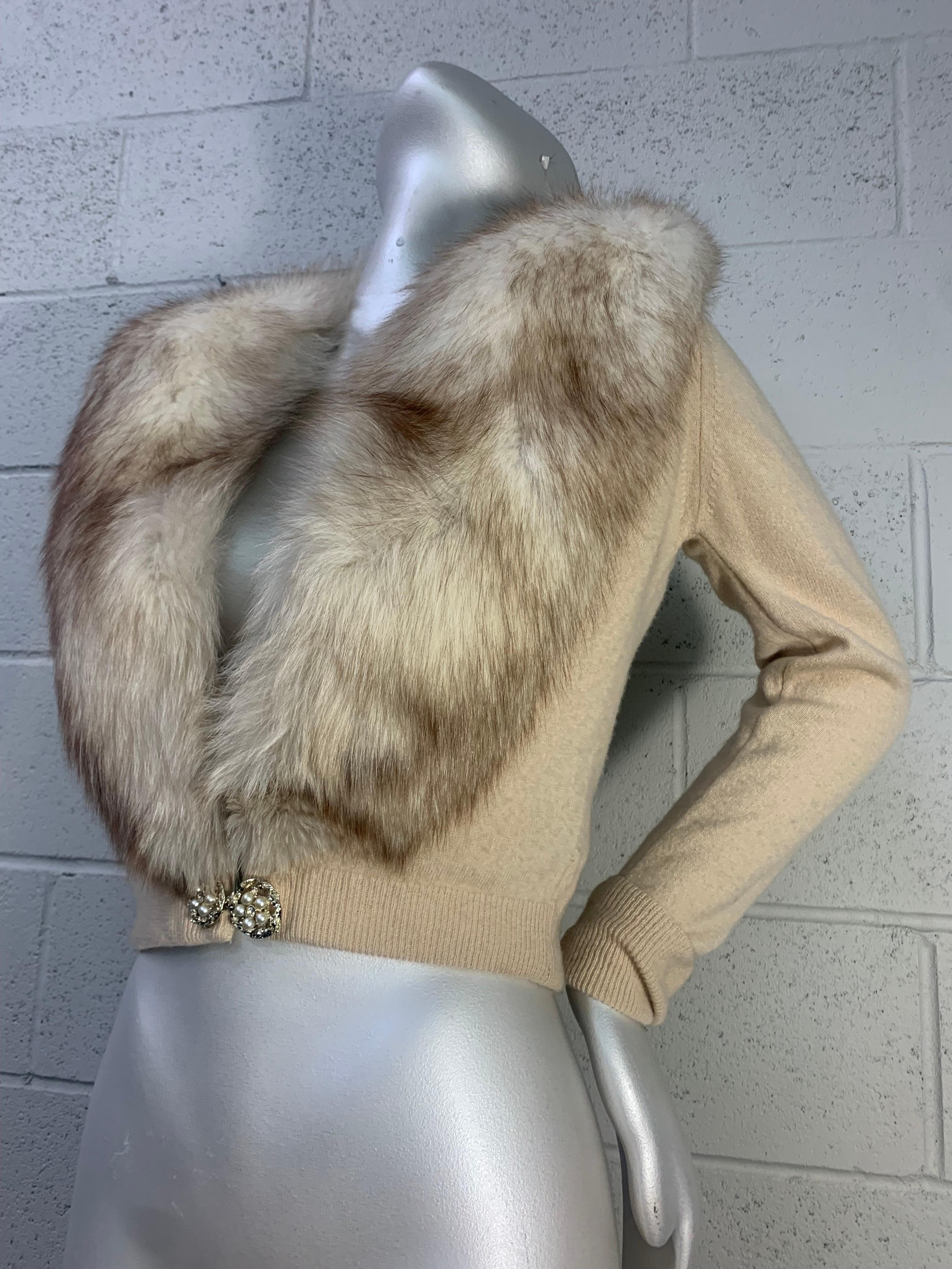 1950s B. Altman Ivory Cashmere Cardigan Sweater w Lush Norwegian Fox Collar: Lace and chiffon lining. Single jeweled clasp closure at center front waist. Size: US Modern 6