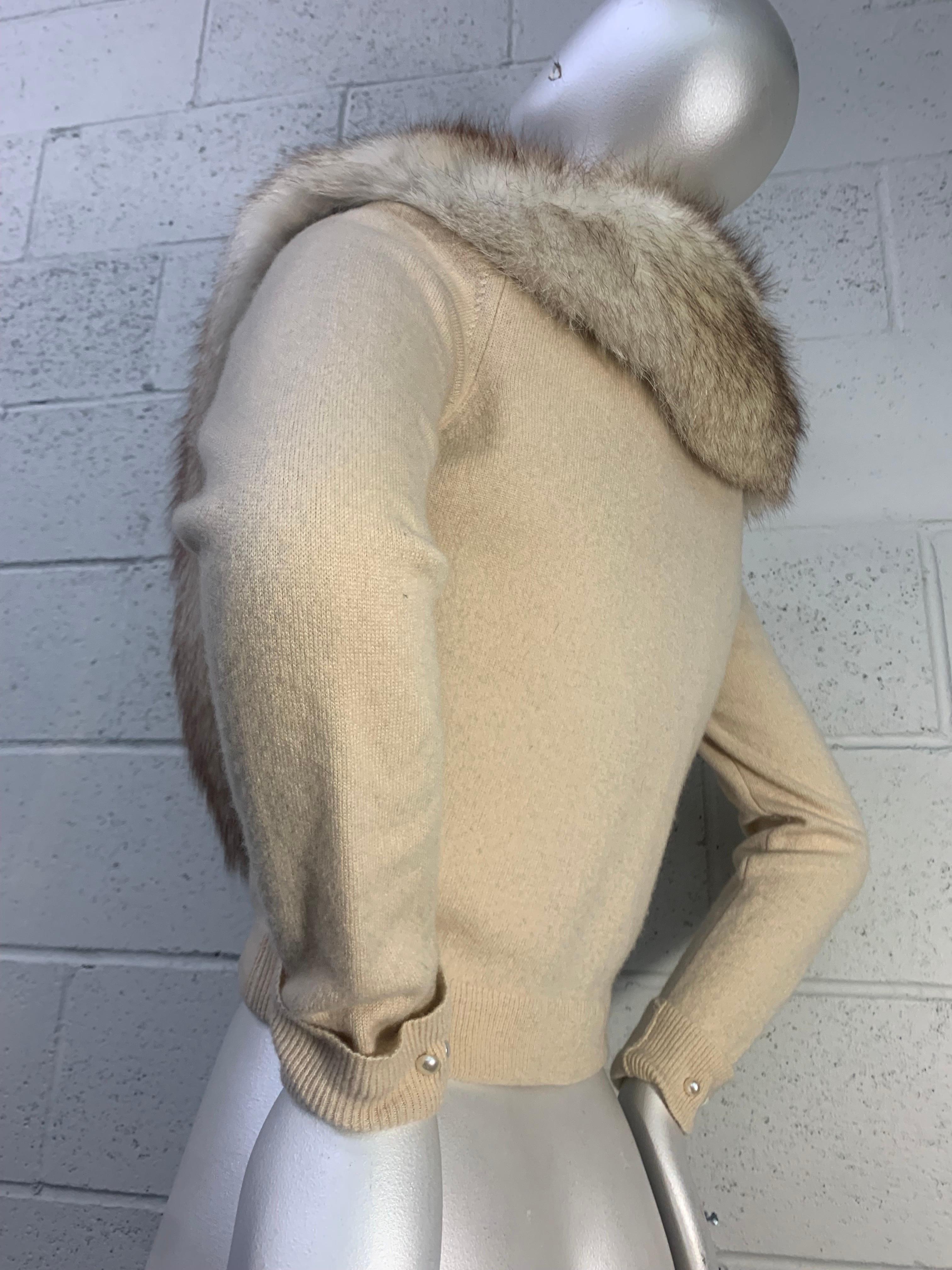 Women's 1950s B. Altman Ivory Cashmere Cardigan Sweater w Lush Norwegian Fox Collar