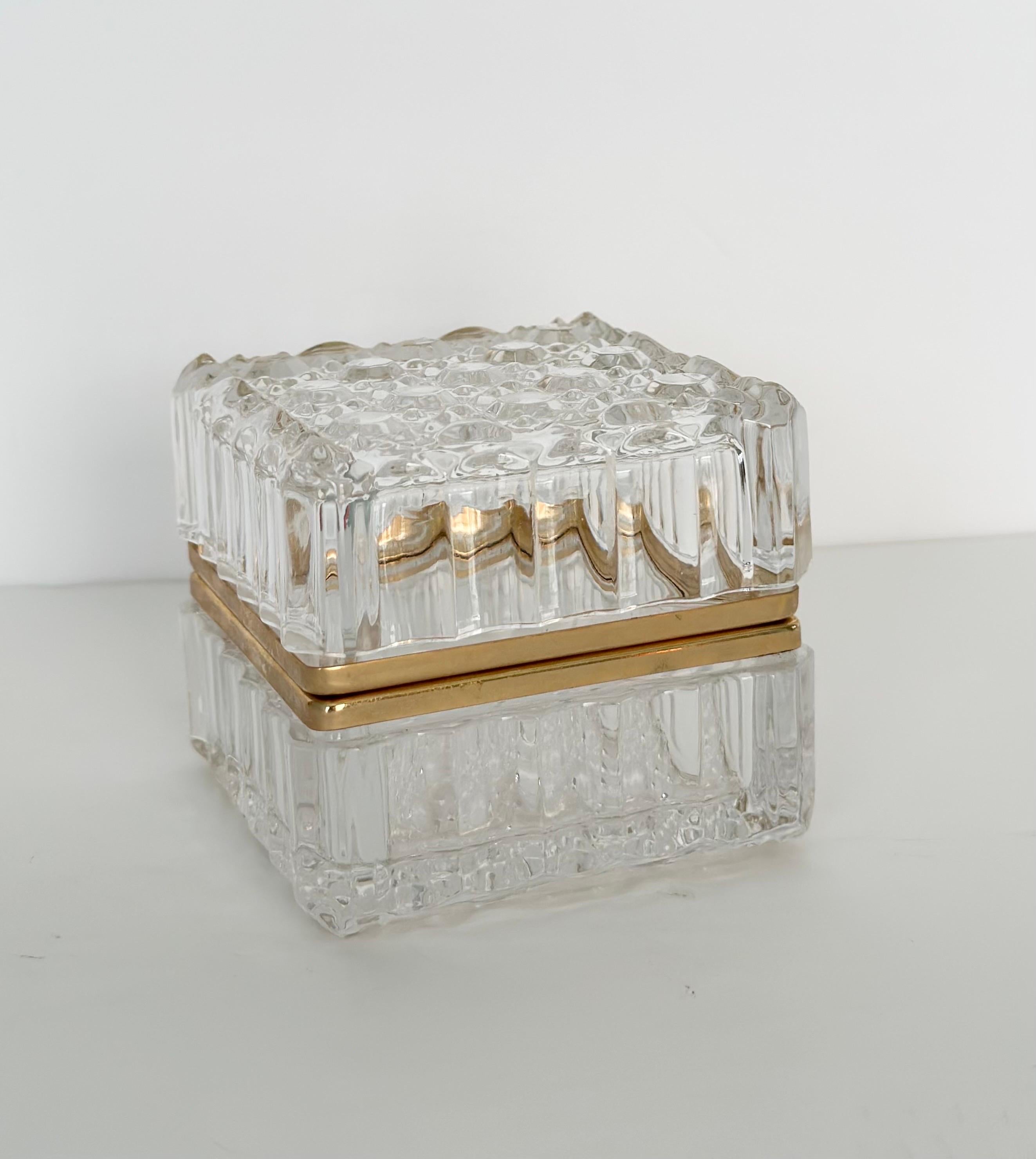 Brass 1950s Baccarat Style Cut Faceted Crystal Square Box