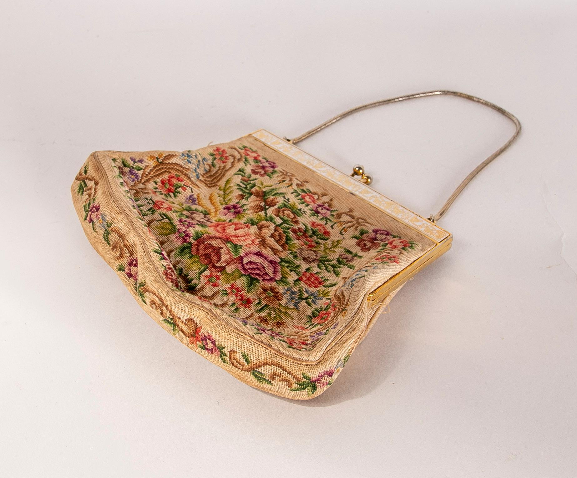 European 1950s Bag with Embroidery and Silk For Sale