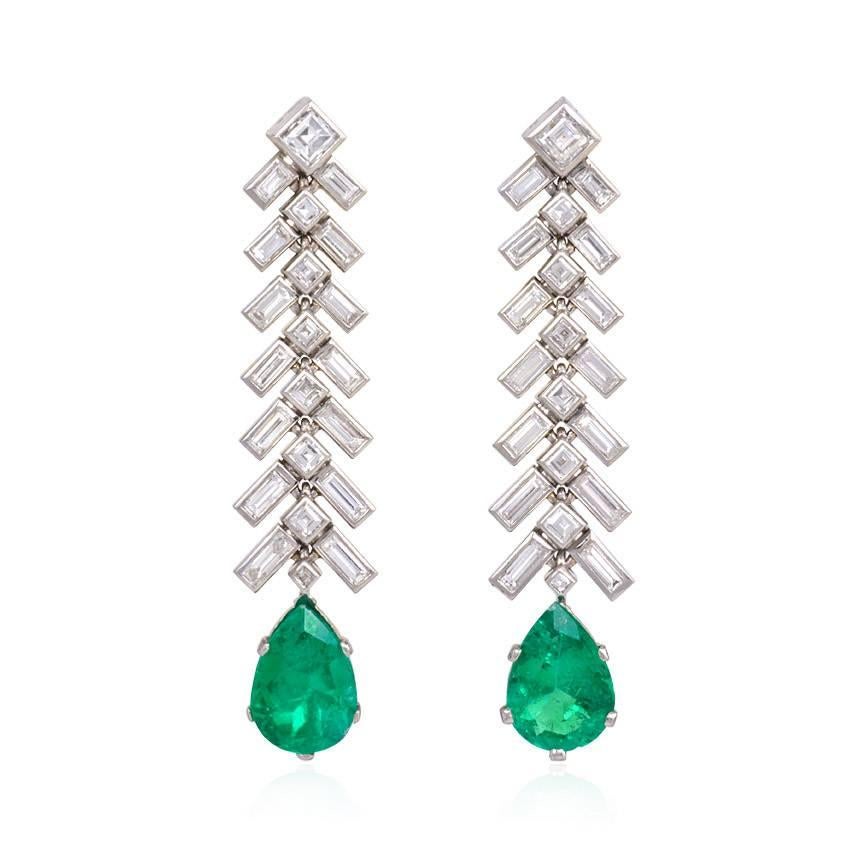 1950s Baguette Diamond and Pear-Shaped Emerald Earrings in Platinum