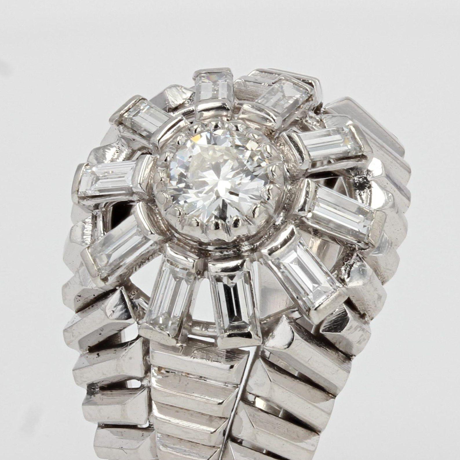 1950s Baguette Diamonds Brillant Cut Diamond 18 Karat White Gold Dome Ring For Sale 2