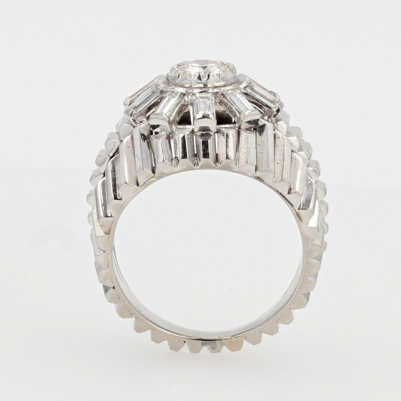 1950s Baguette Diamonds Brillant Cut Diamond 18 Karat White Gold Dome Ring For Sale 3