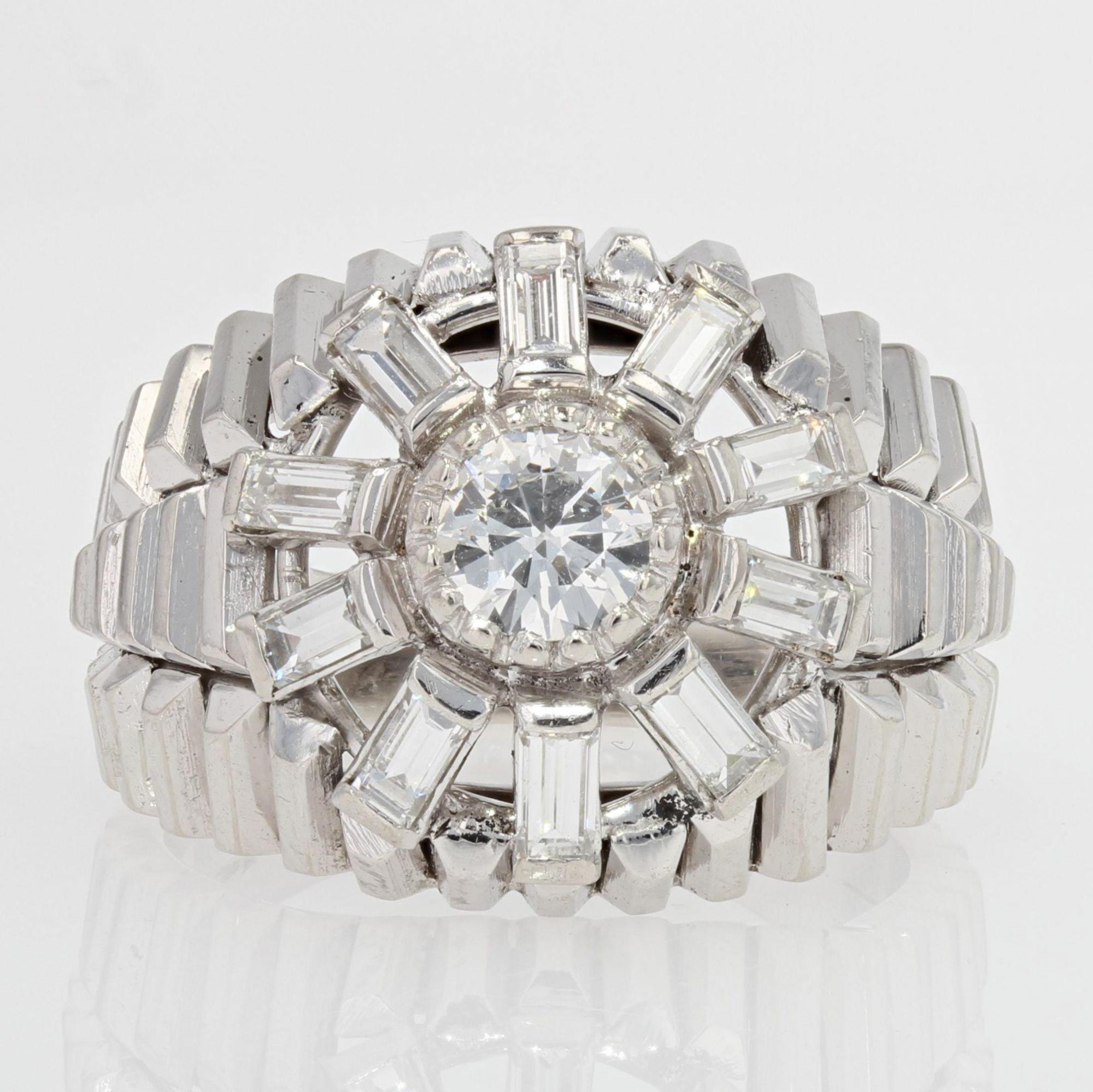 Retro 1950s Baguette Diamonds Brillant Cut Diamond 18 Karat White Gold Dome Ring For Sale