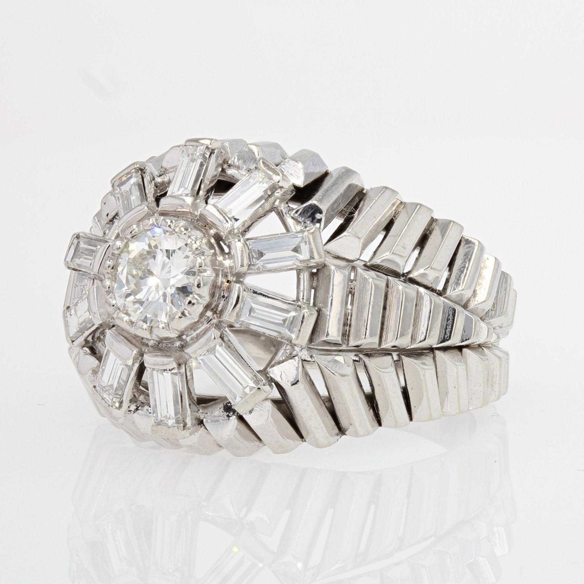 Brilliant Cut 1950s Baguette Diamonds Brillant Cut Diamond 18 Karat White Gold Dome Ring For Sale