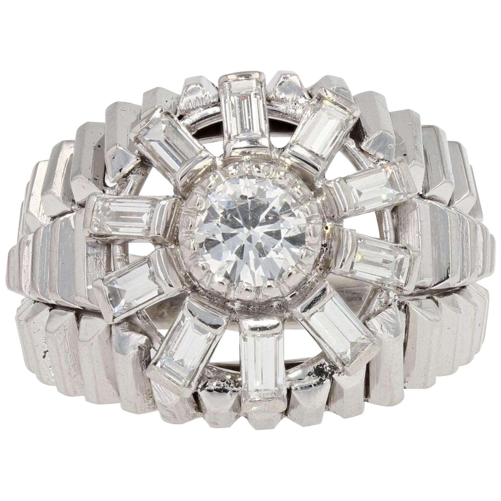 1950s Baguette Diamonds Brillant Cut Diamond 18 Karat White Gold Dome Ring
