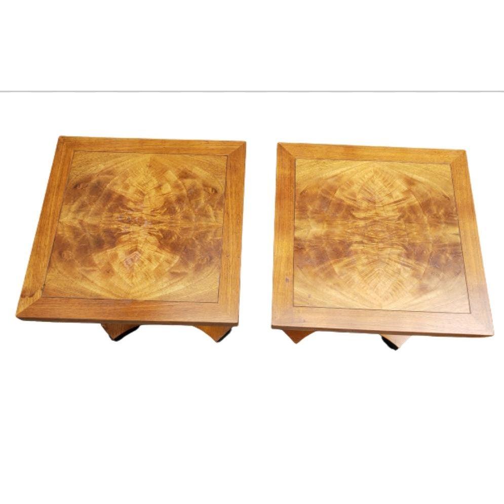 Mid-Century Modern 1950s Baker Furniture Pedestal Walnut Burl Bookmatched Top Side Tables, a Pair