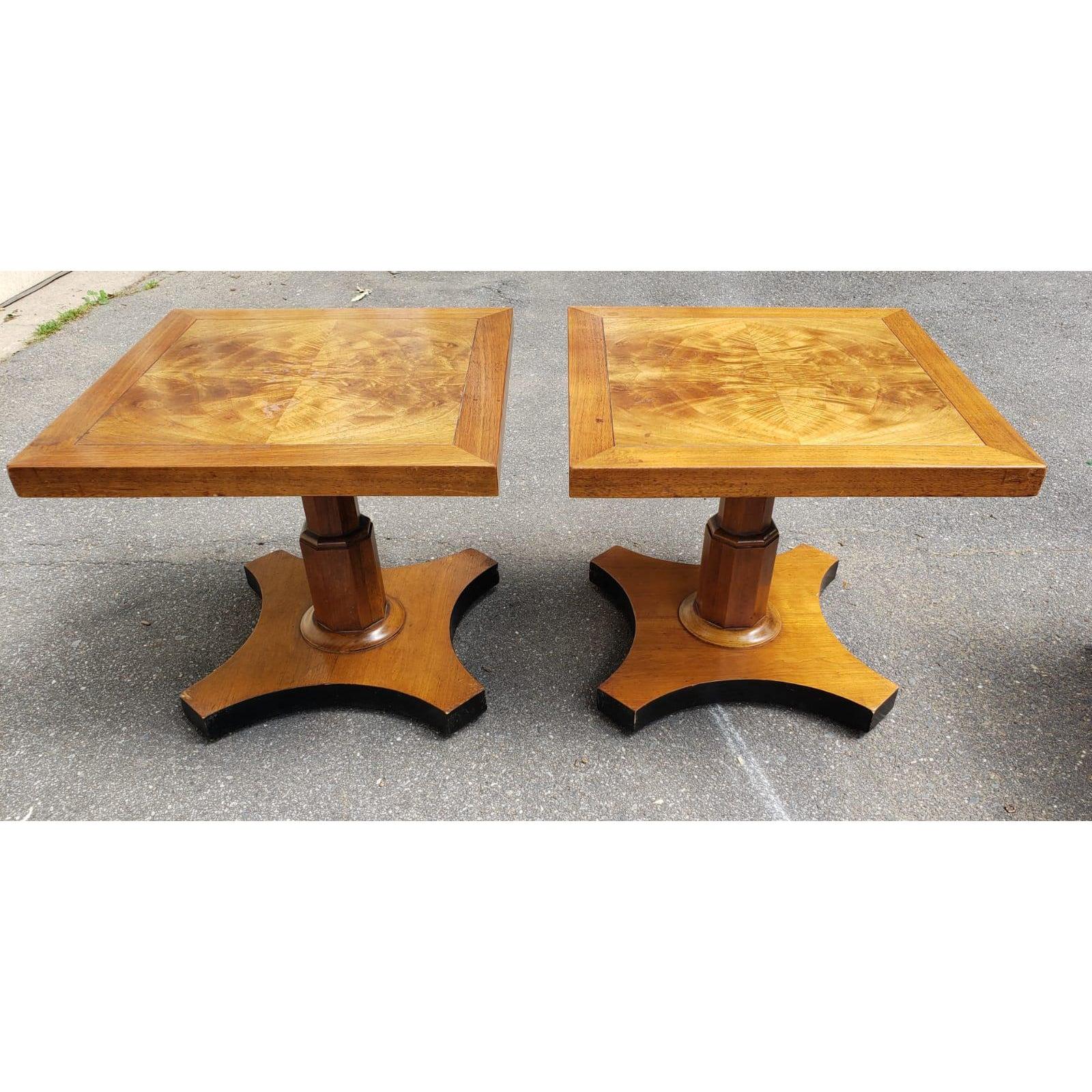 Hardwood 1950s Baker Furniture Pedestal Walnut Burl Bookmatched Top Side Tables, a Pair