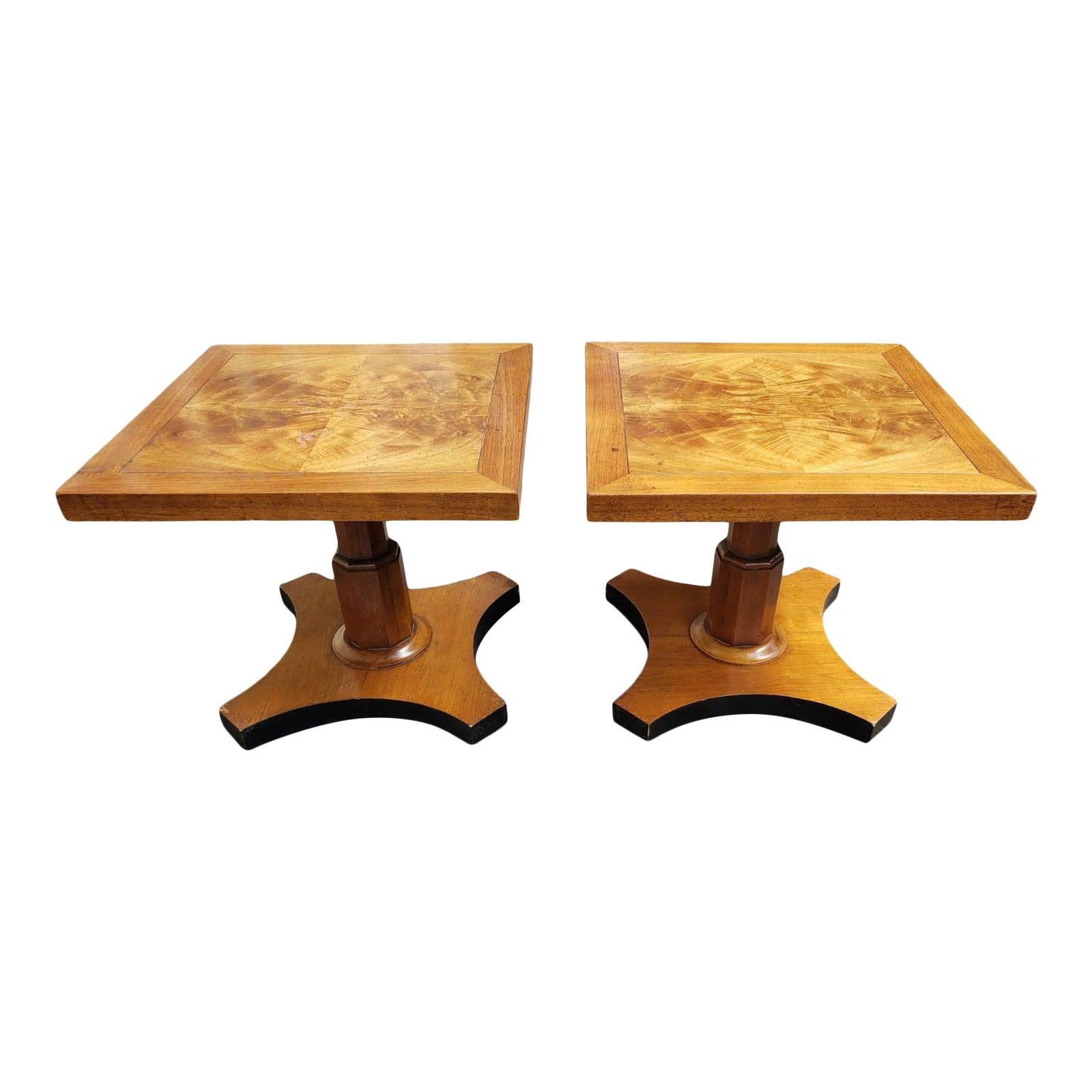 1950s Baker Furniture Pedestal Walnut Burl Bookmatched Top Side Tables, a Pair