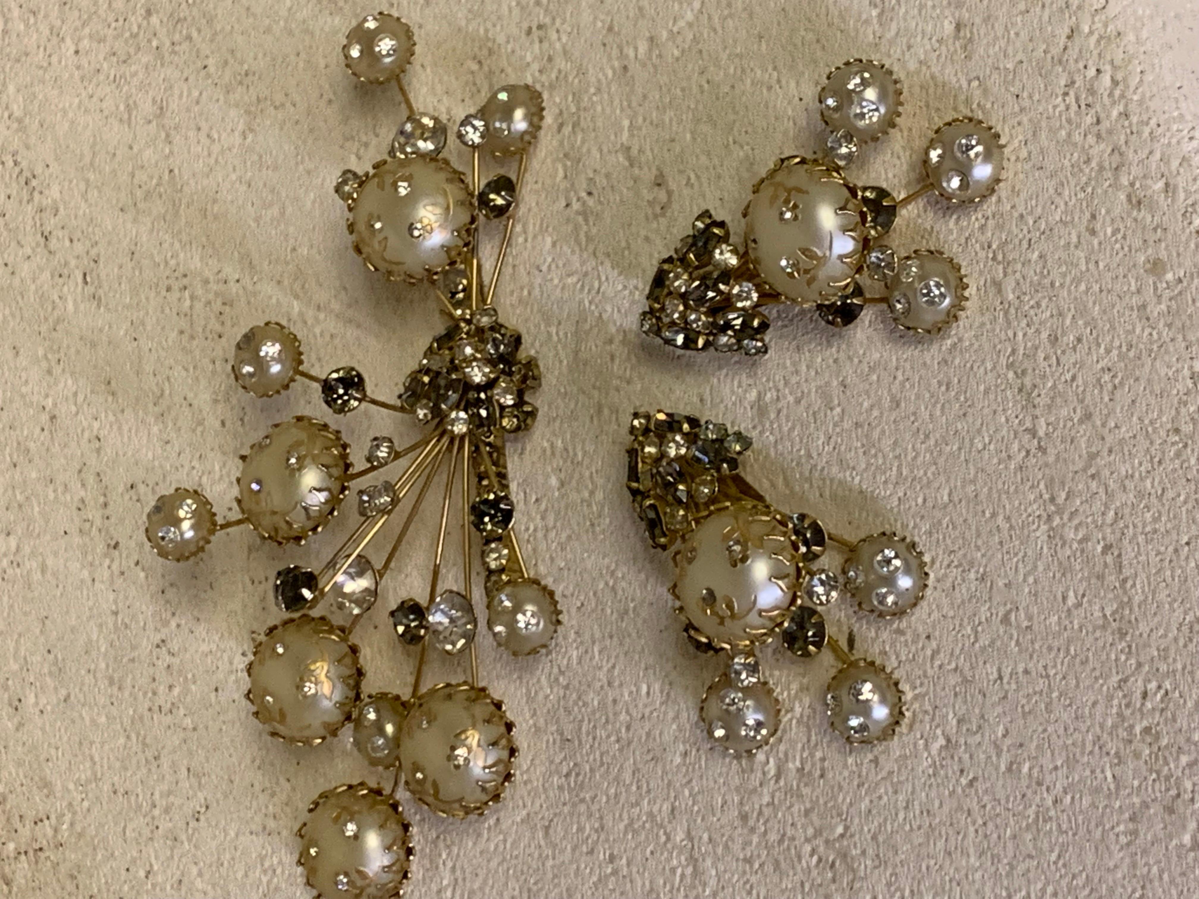 1950s Ballet Large Shooting Star Rhinestone & Pearl Brooch and Earring Set For Sale 9