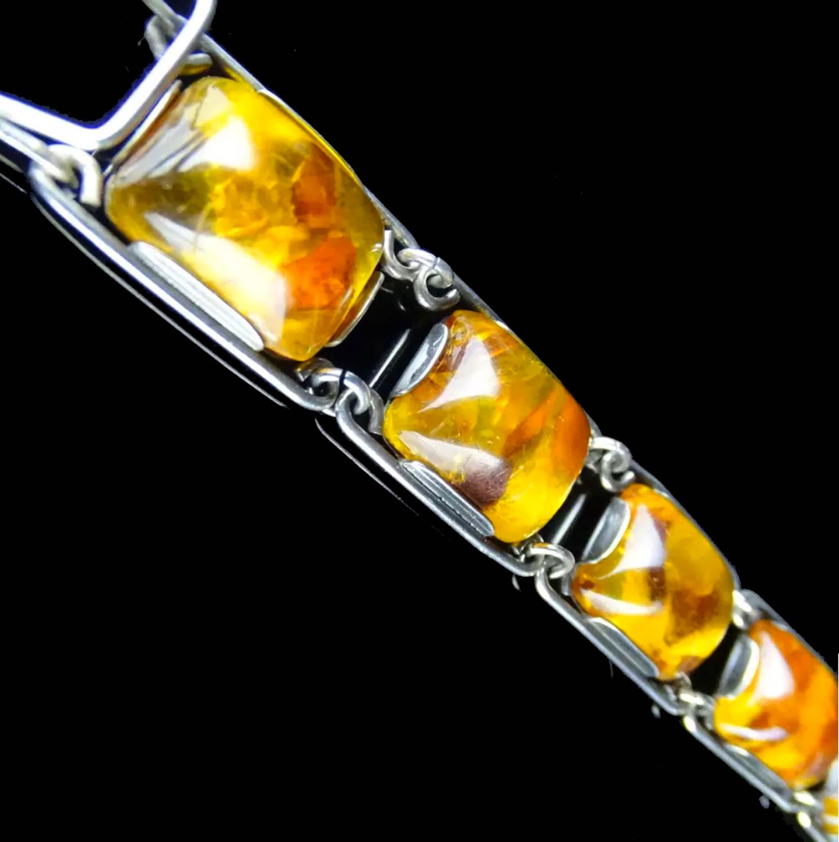 Cabochon 1950’s Baltic Amber and Silver Bracelet, Germany, C.1950