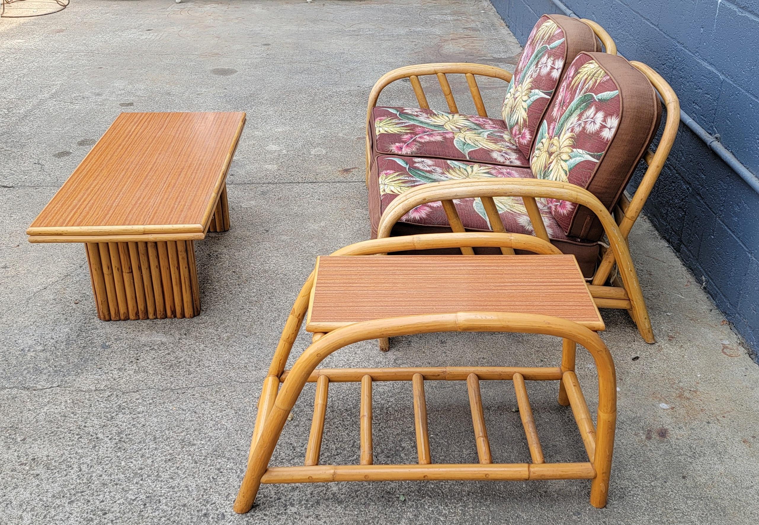 1950's Bamboo 4 Piece Suite: 2 Piece Sofa / Coffee Table /  Side Table 11