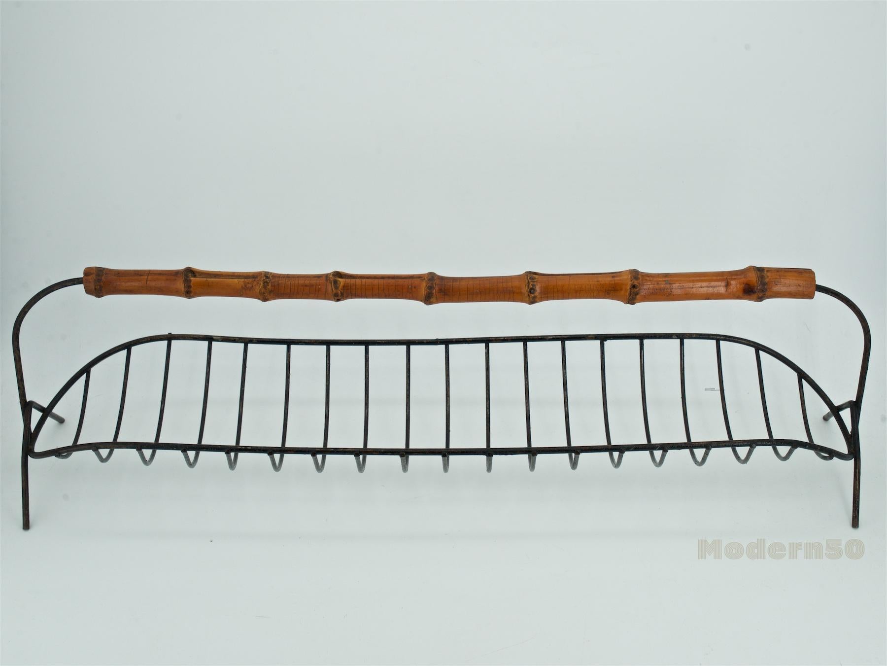 Mid-Century Modern 1950s Bamboo Handled Fresh Cut Flower Herb Centerpiece Long Wire Basket