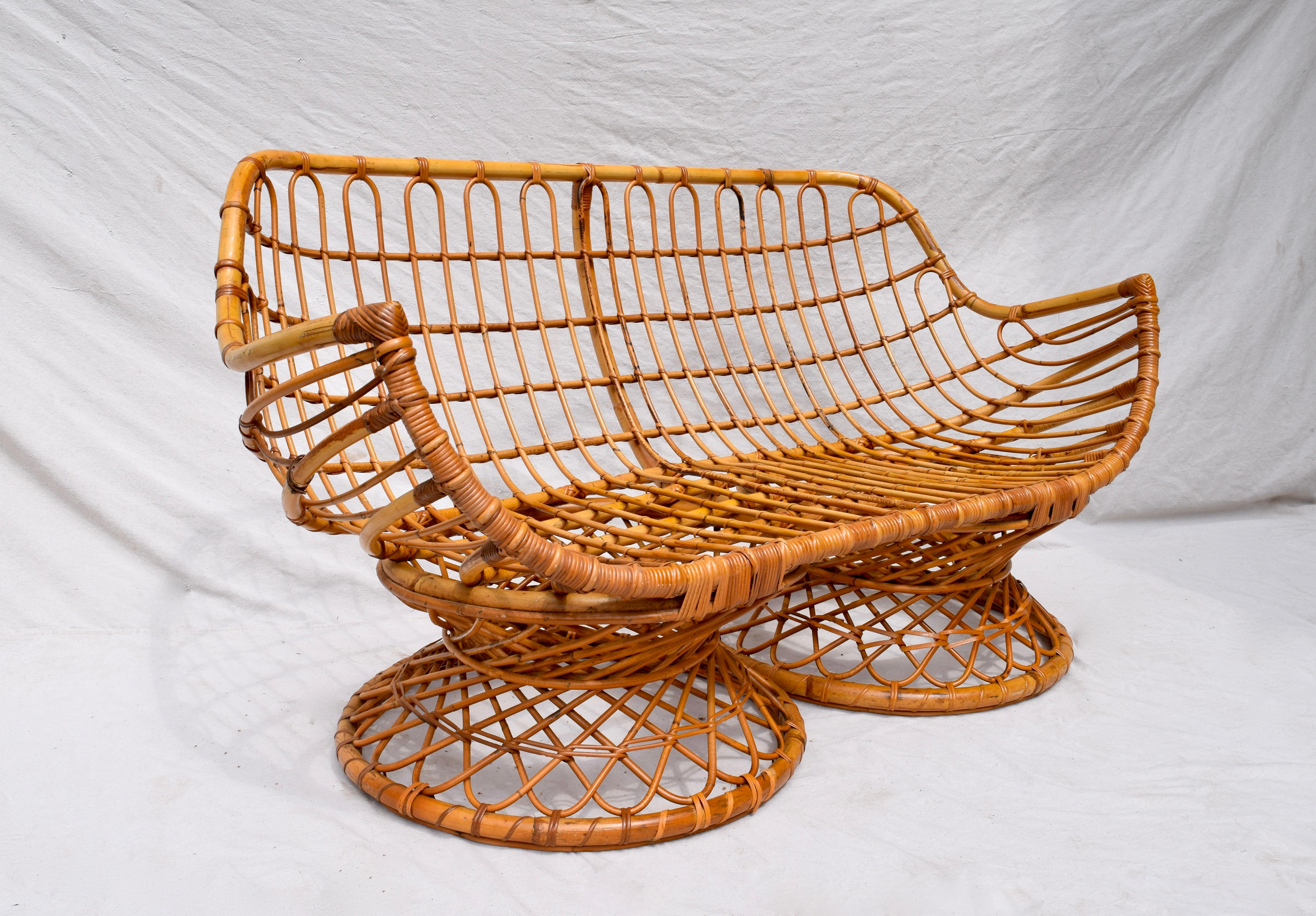 A bent bamboo, rattan sofa settee, circa 1950s Italy; by Bonacina. Very rare find in excellent condition.