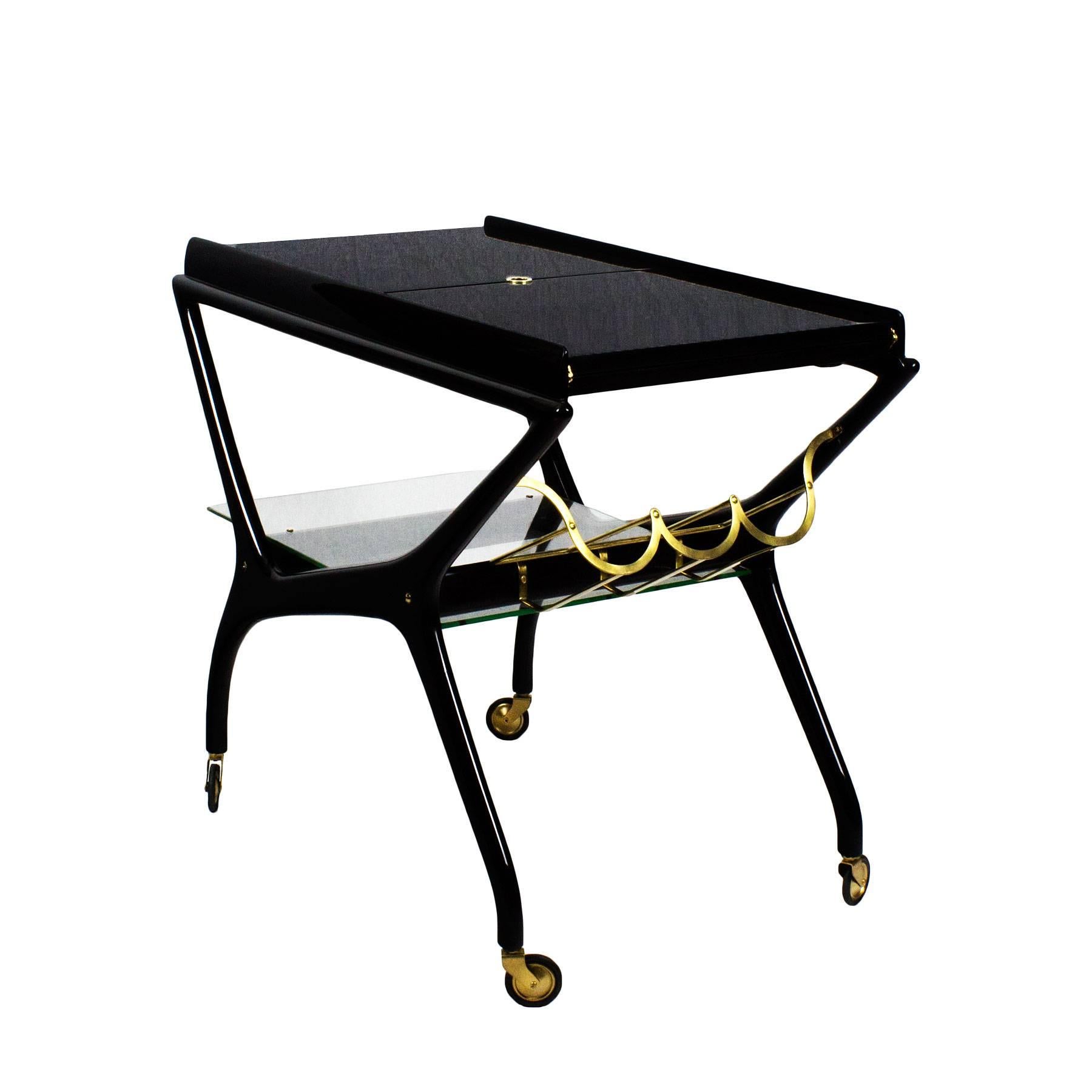 Italian 1950s Bar Cart Attributed to Cesare Lacca, Extensions, Mahogany, Brass, Italy
